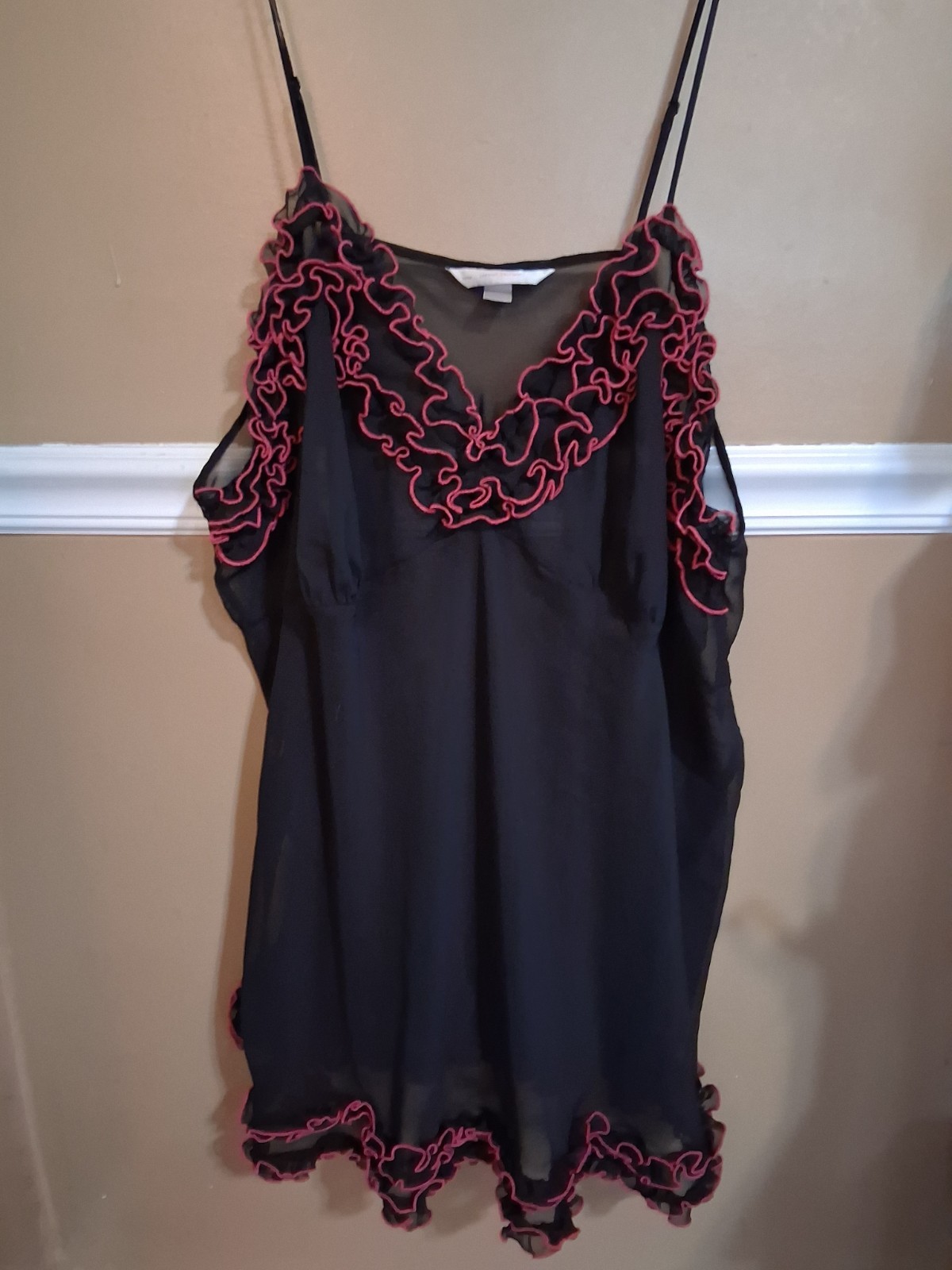 Cucique Vtg 90&rsquo;s Black Pink Ruffles Chemise Lingerie Babydoll Nightgown 26/28