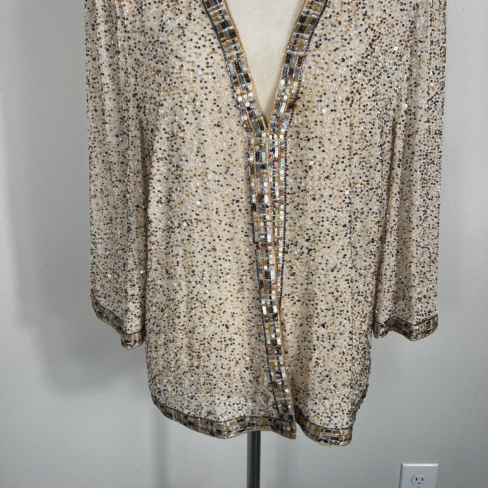 Vintage 80s FRANK USHER Jacket Eveningwear Silk Sequin Beaded Beige Sparkl Large