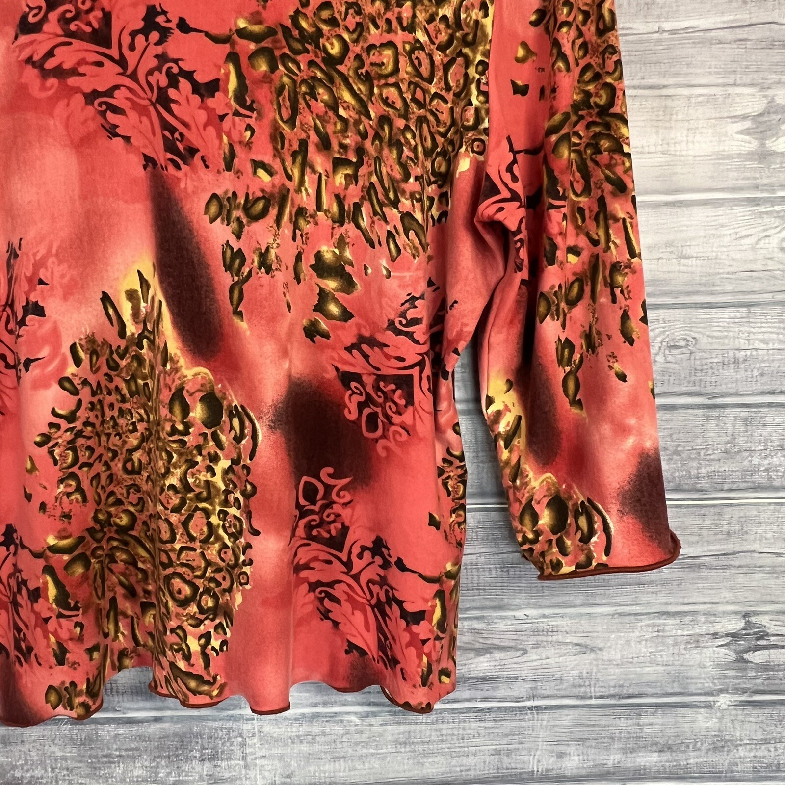 Vintage 70s Kenneth Jay Lane Size L Large Blouse Orange Red Cheetah Women