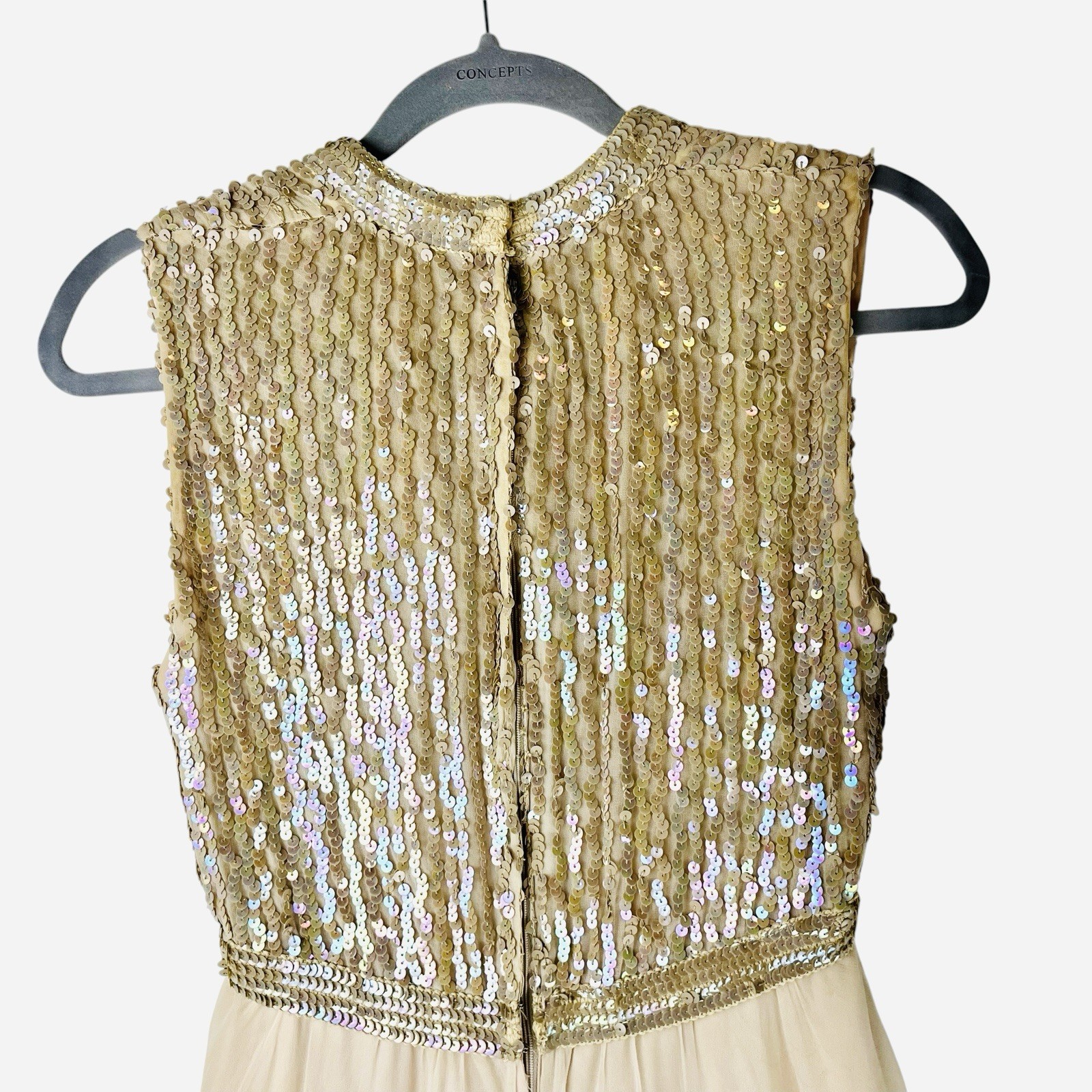 Vintage 50s Fred Perlberg Chiffon Party Dress Sequin Sleeveless Beige Nude READ