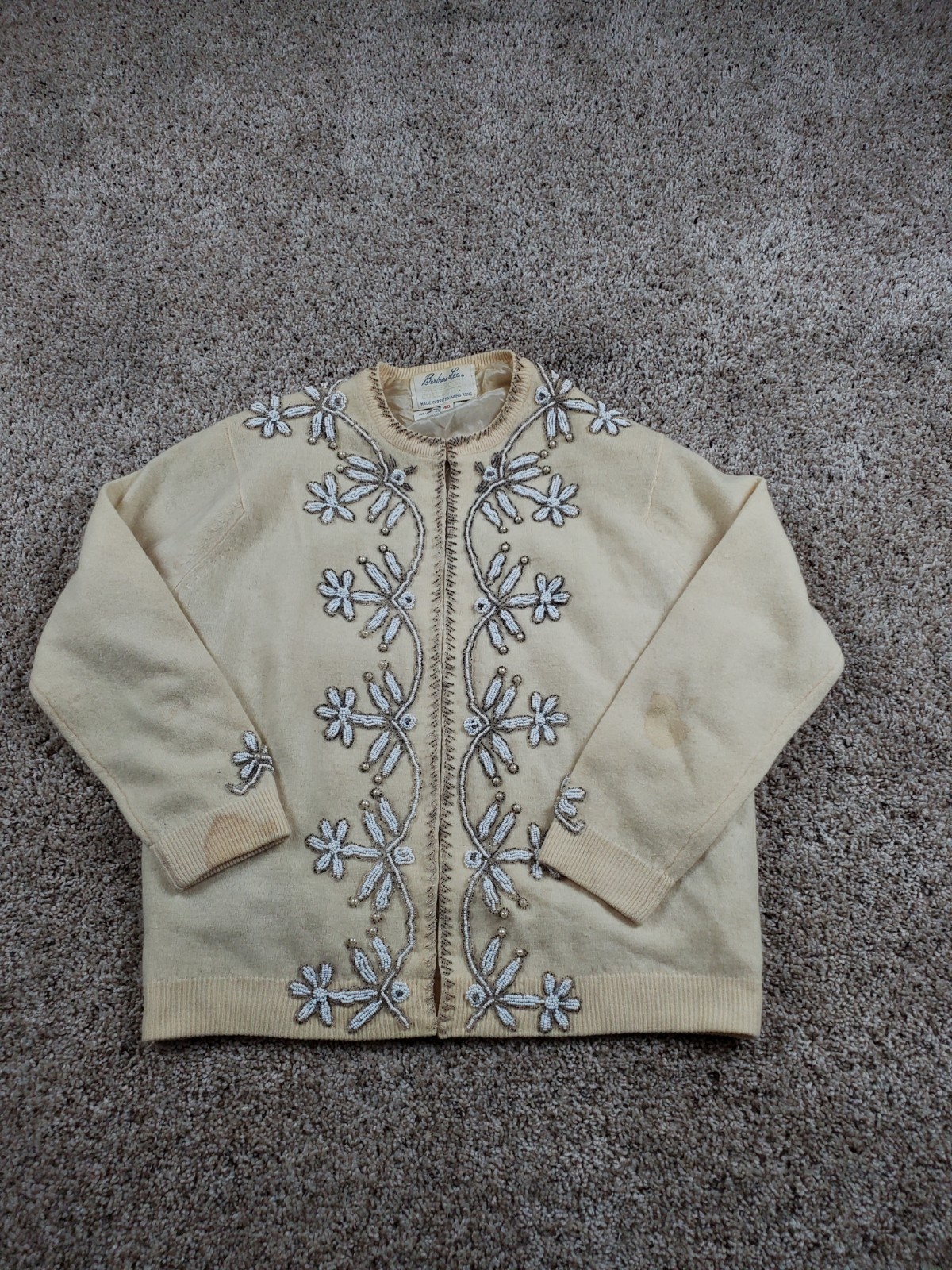 Vintage 50s Barbara Lee Cardigan Sweater Size 40 Beaded Floral Wool Fur Blend