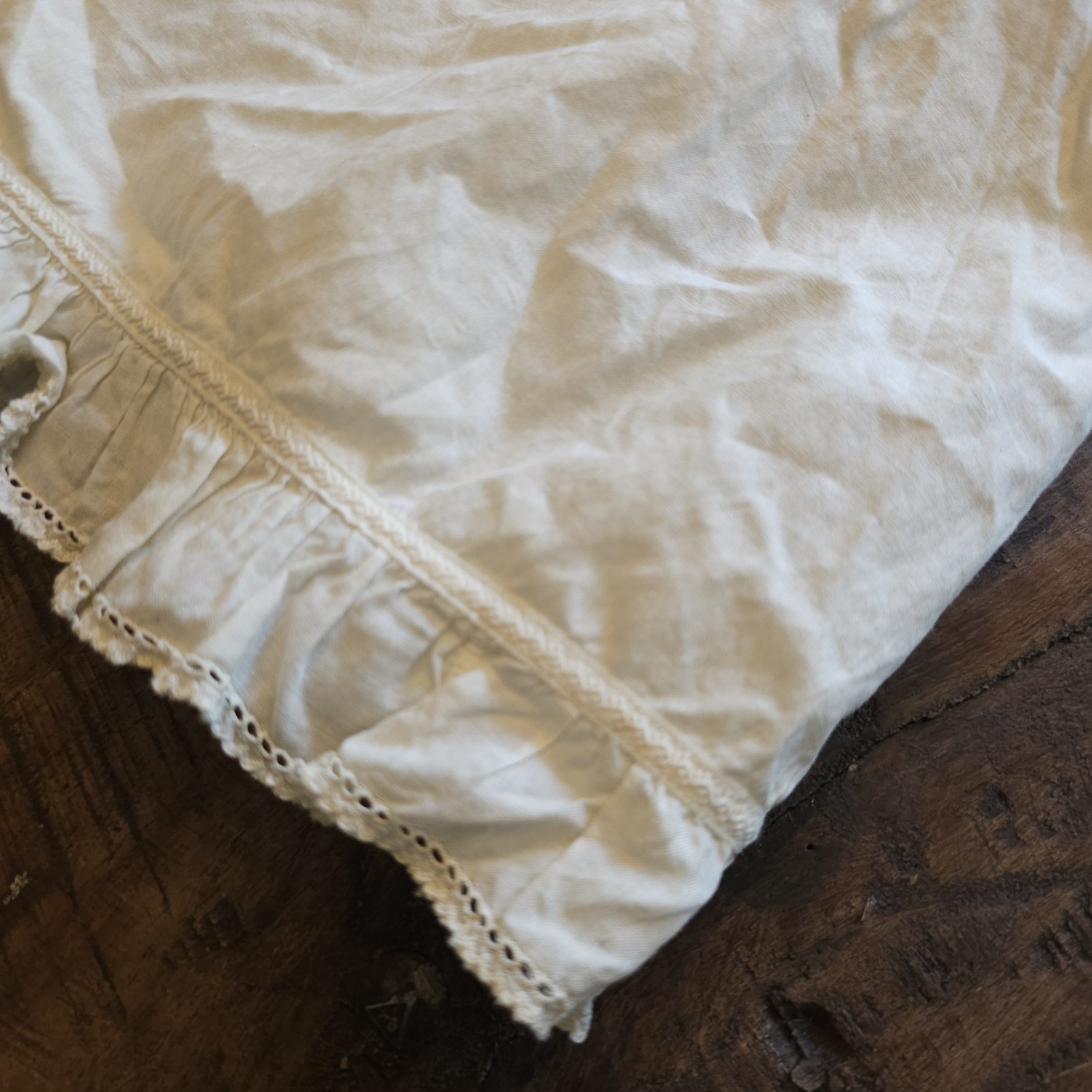Antique Chemise Cream Lace Trim Slip Midi Dress w/ Ruffled Sleeves Edwardian