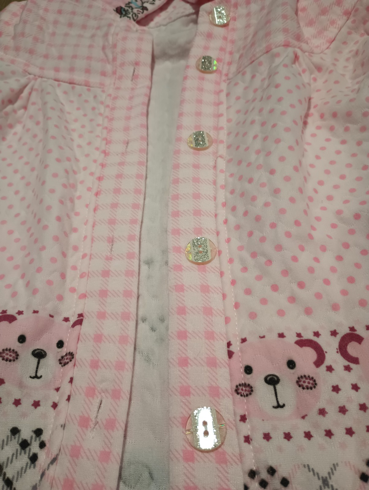 Vtg Quilted Teddy Bear Multi Print Peter Pan Collar Nursery Warm Jacket pink M L