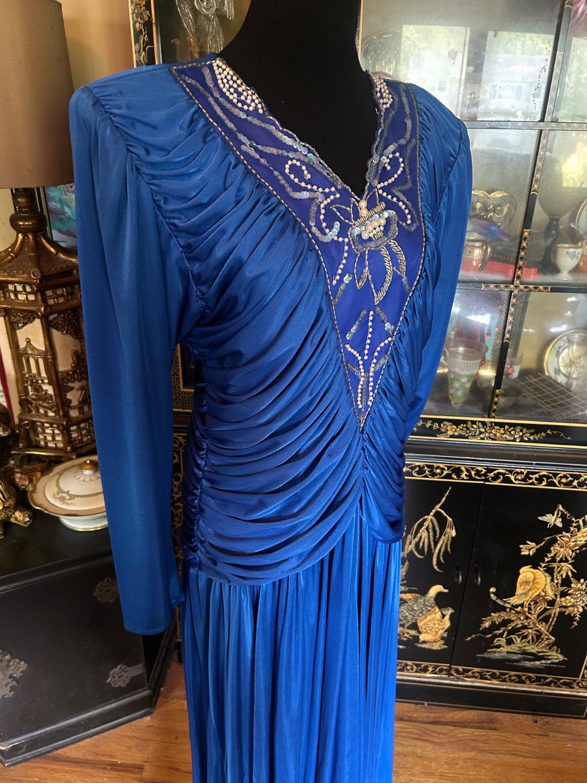 Vintage Dynasty 80s Beaded Sequin Royal Blue Evening Cocktail Dress Size 17/18