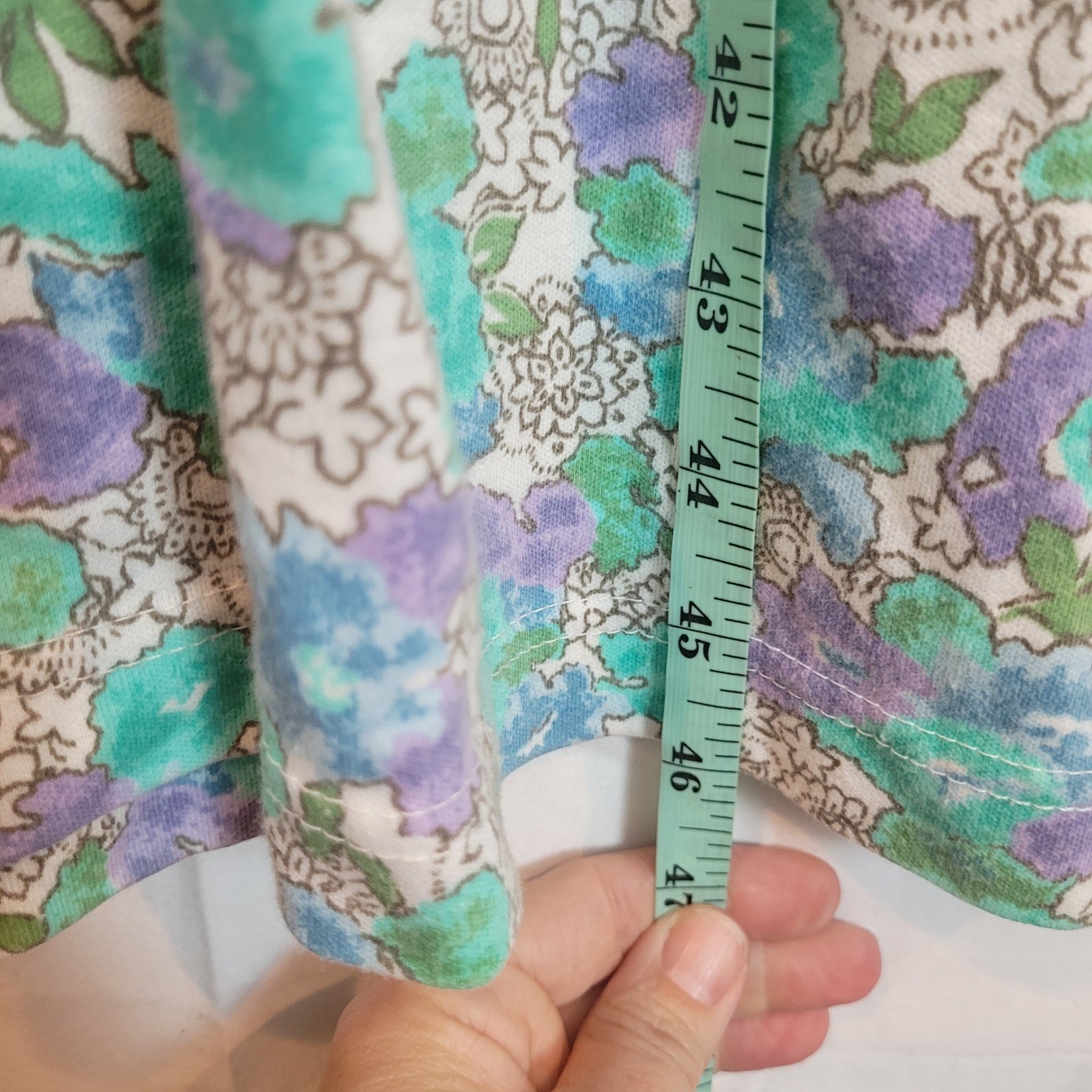 Vintage Lands End Floral Midi Dress Womens Large Teal Purple Cotton Blend USA