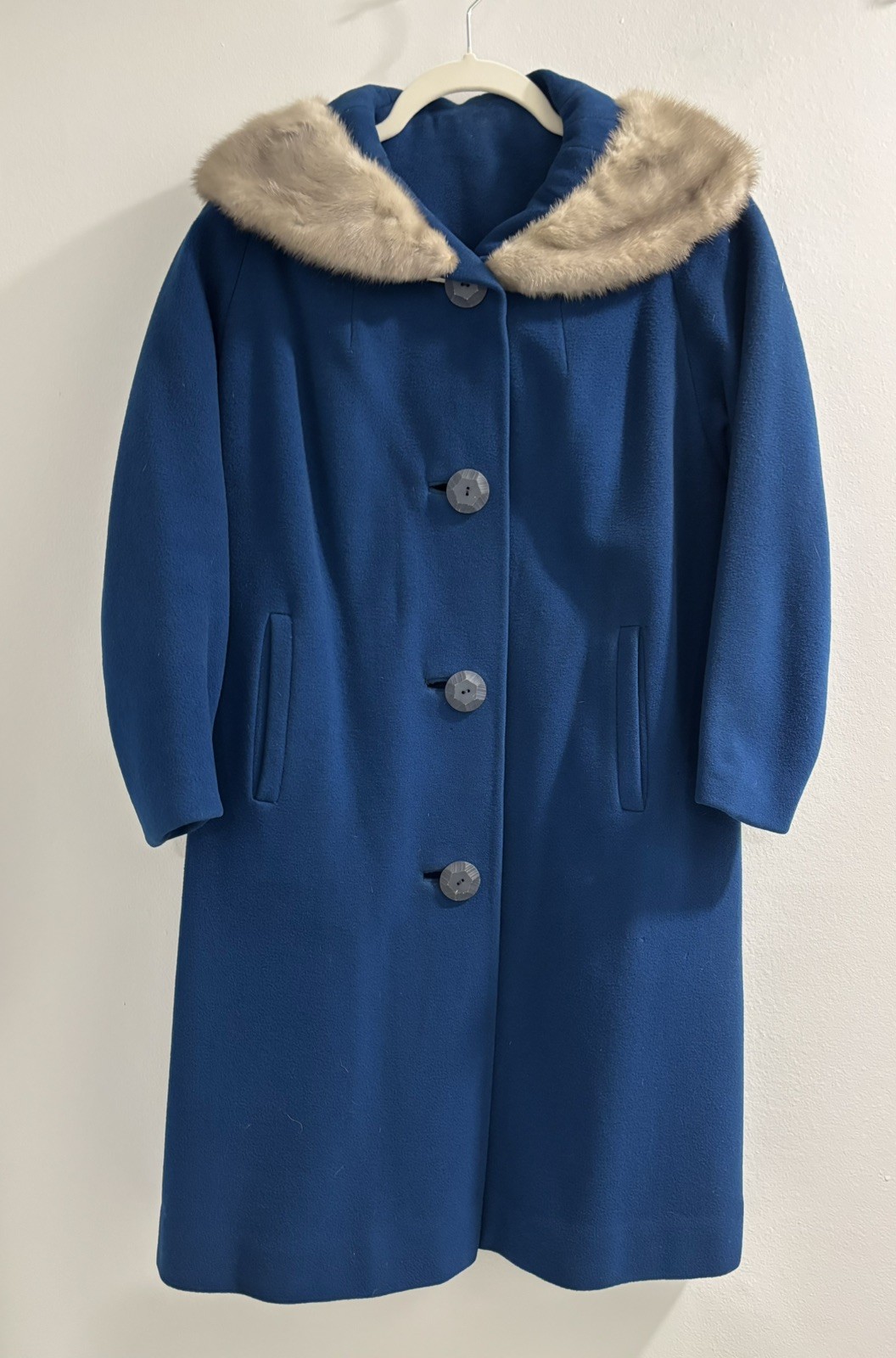 Vintage 1950s Blue Wool Coat w/ Real Fur Collar Union Made Satin Lining