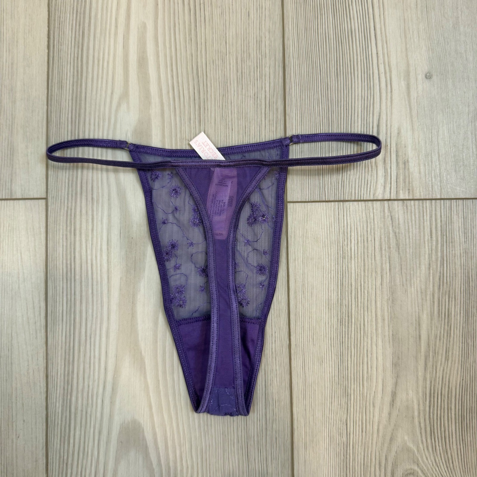 Vintage 2001 Victoria&rsquo;s Secret Purple Floral Mesh Sequin Thong V-String NWT S
