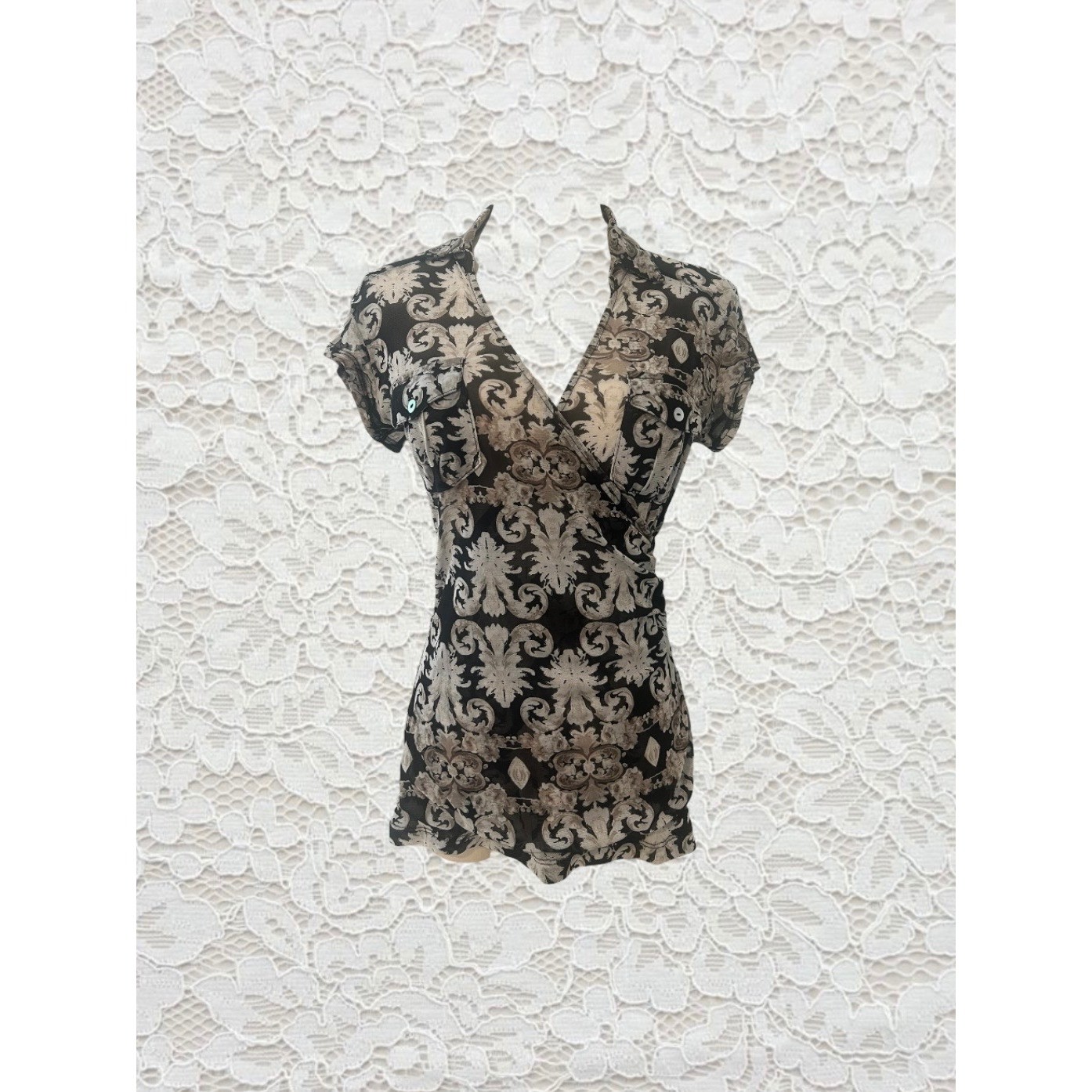 vintage floral patterned office siren mesh short sleeve top