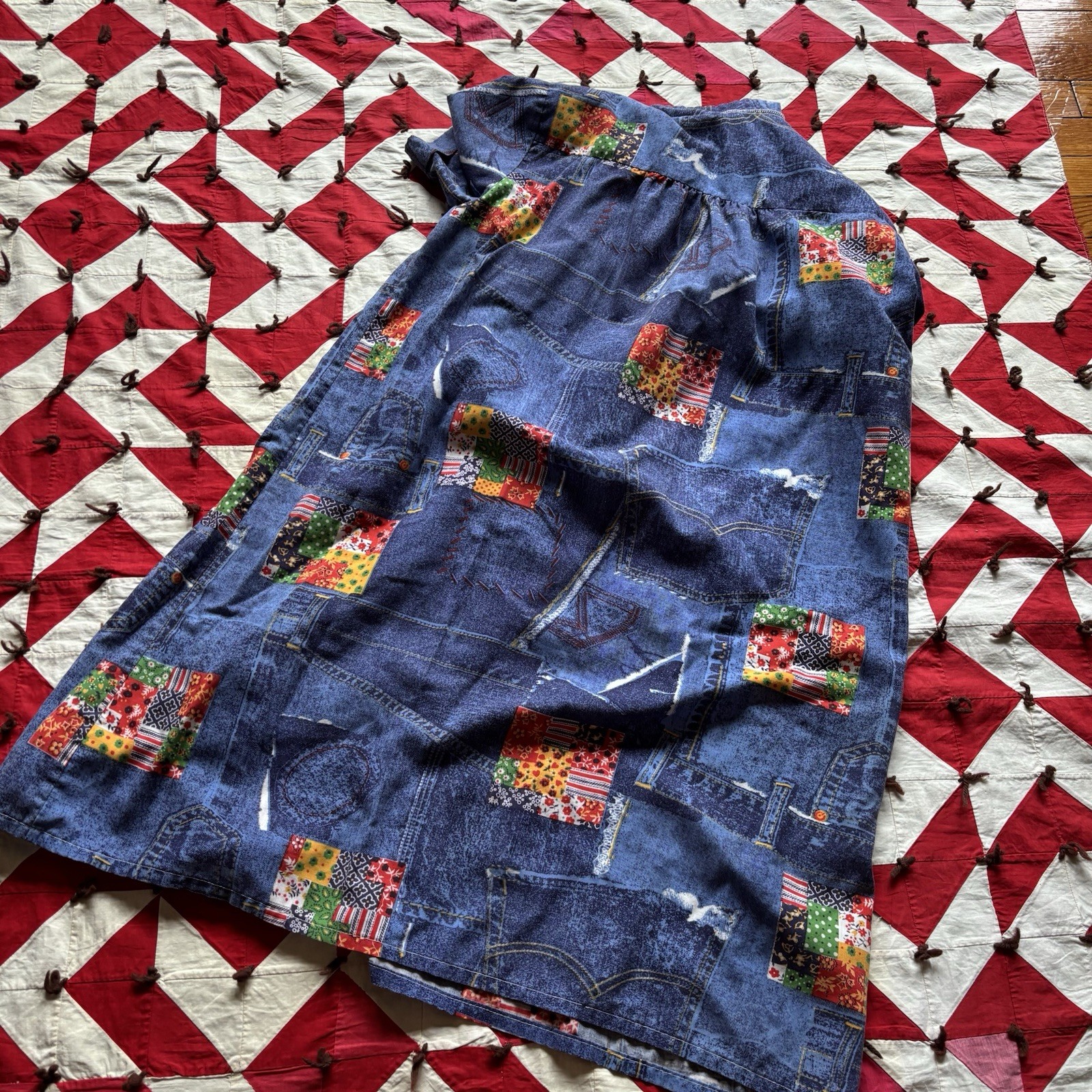 Vintage 1970s Patchwork Print Smock Dress Women’s Poly Blend As Is Hippie