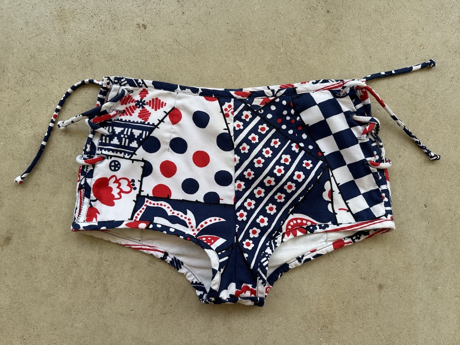 1960s Patchwork Print Lace Up Swim Bottoms Hot Pants Mod Floral Polka Dot S VTG