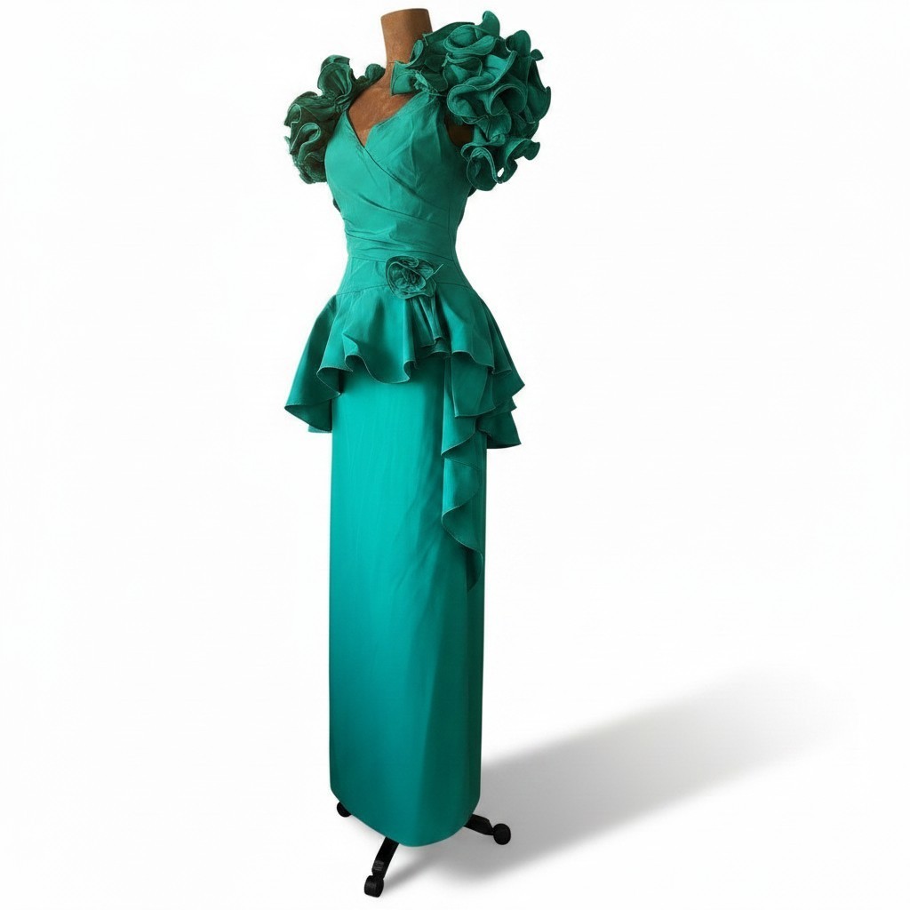 Vintage 80s Maximalist Formal Gown Green Ruffle Shoulder Union Made Size 8 Dress