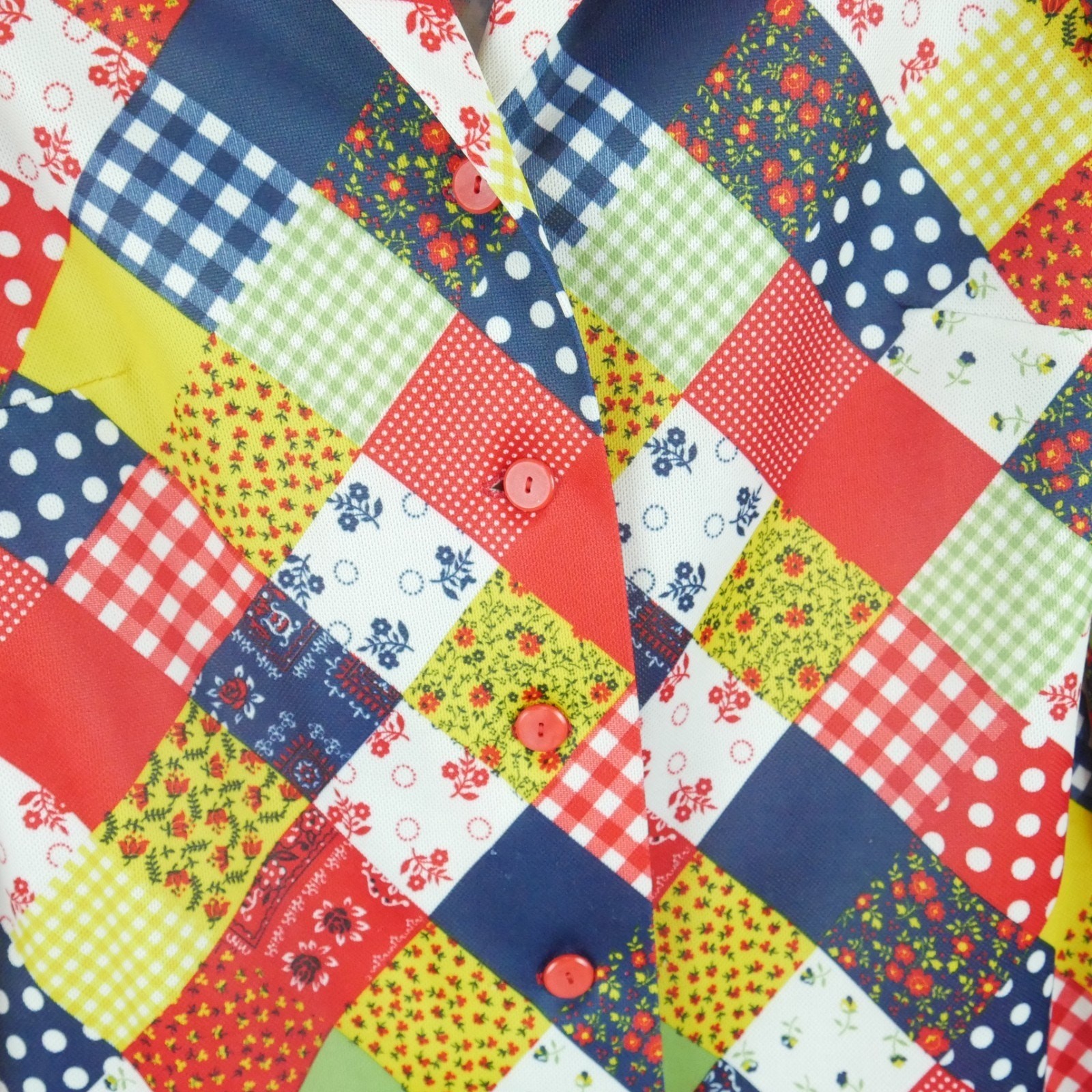 Vintage XS Shirt 70s Patchwork Print Novelty Retro Disco Hippy Polyester Plaid