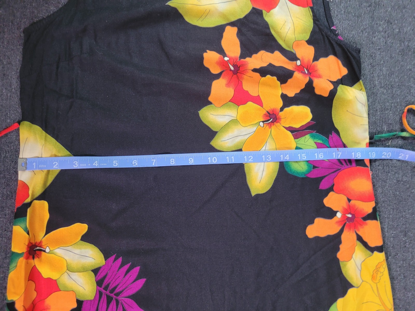 Vintage 80s 90s Black Floral Bright Hawaii Midi Dress Tie Back Shift M/L Beaded