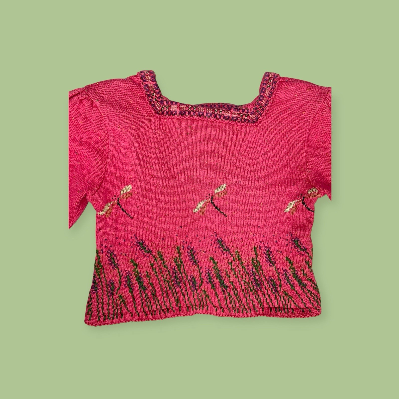 VTG 1990s COTTON DRAGONFLY WHIMSICAL CROPPED SWEATER Y2K FAIRY CORE BOHO PRAIRIE