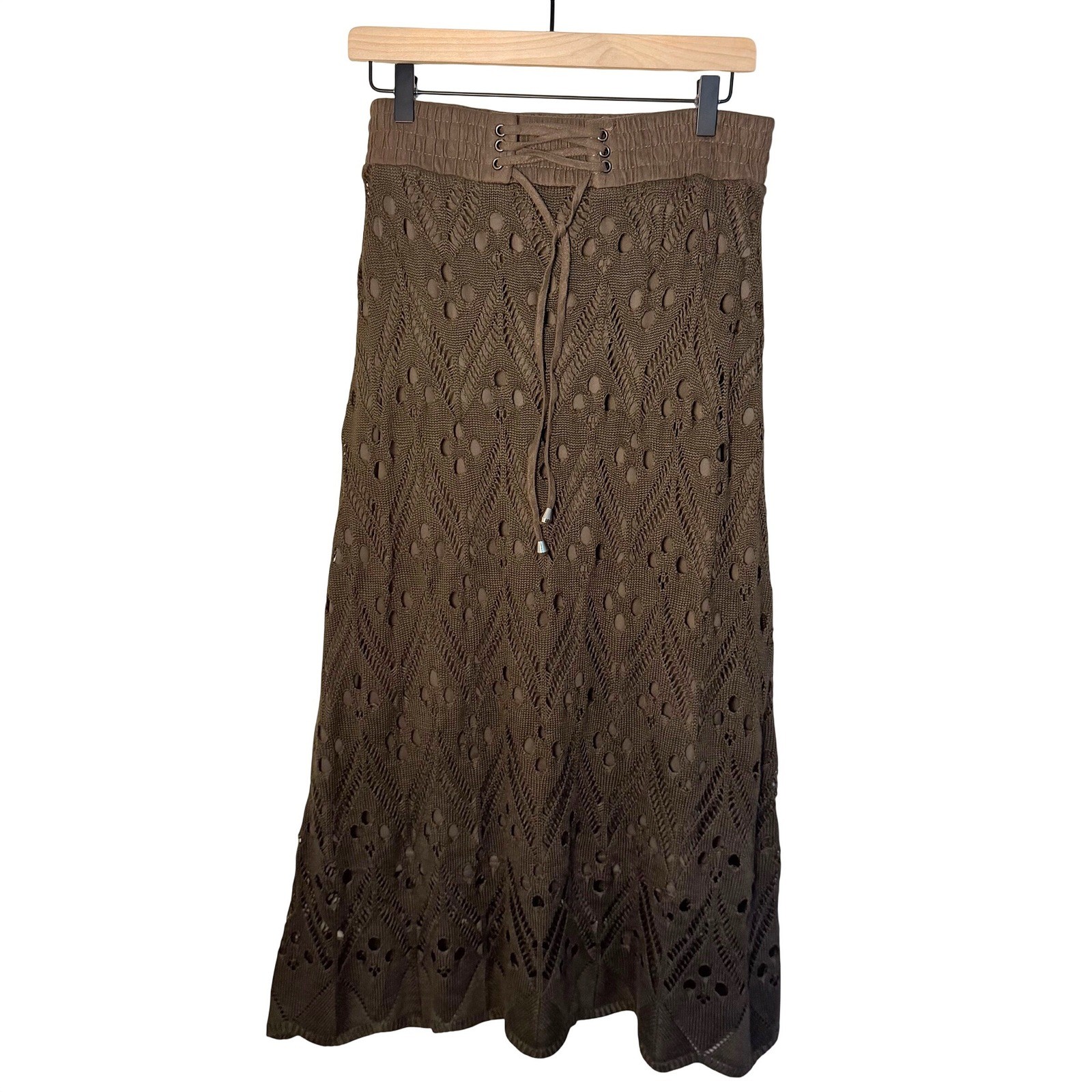 VTG Women&rsquo;s LAPIS Brown 90s Crochet Woven Skirt Beach Boho Tie Front SZ M MAXI