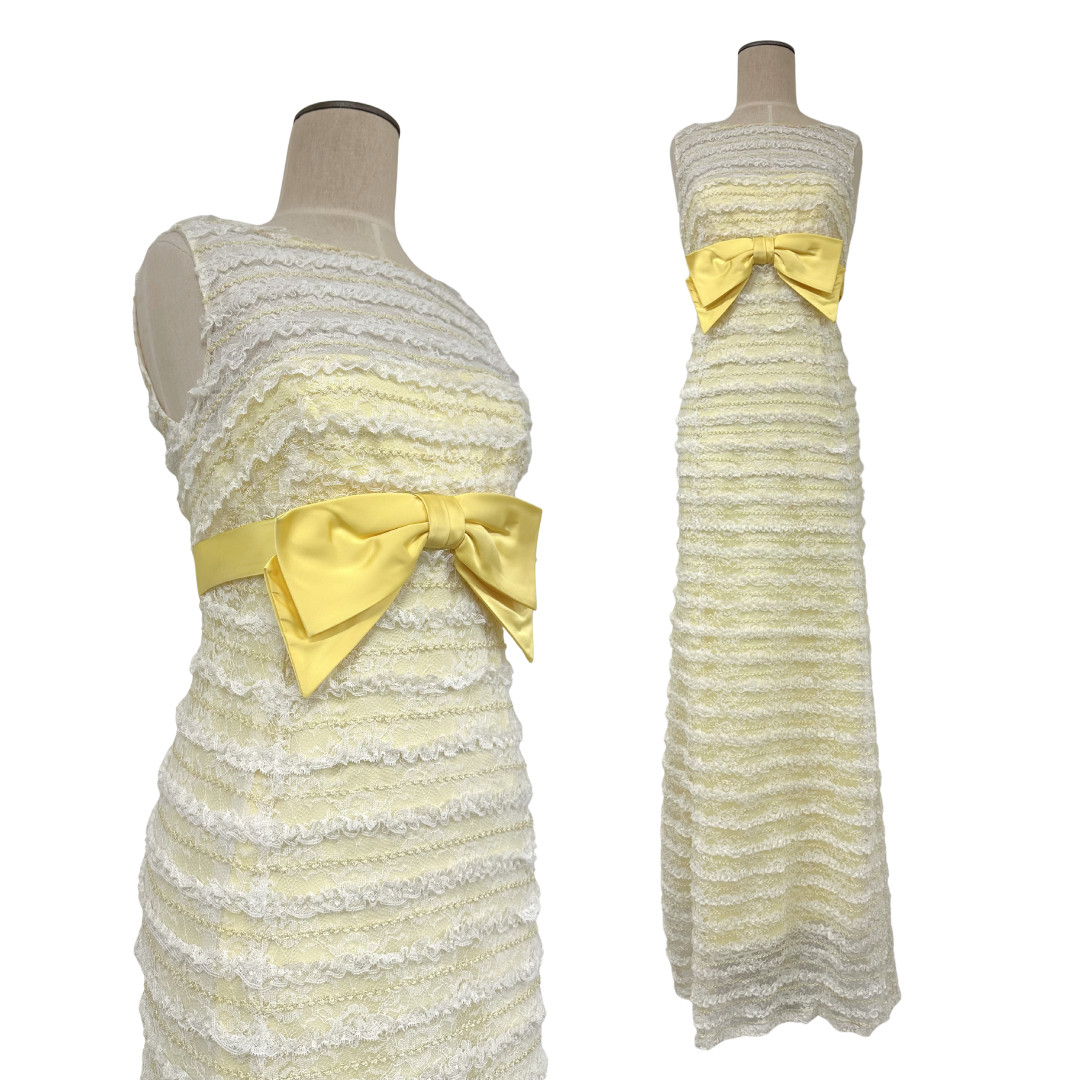 Vintage 1960s Tiered Ruffled Lace Buttercup Yellow Satin Ribbon Maxi Dress