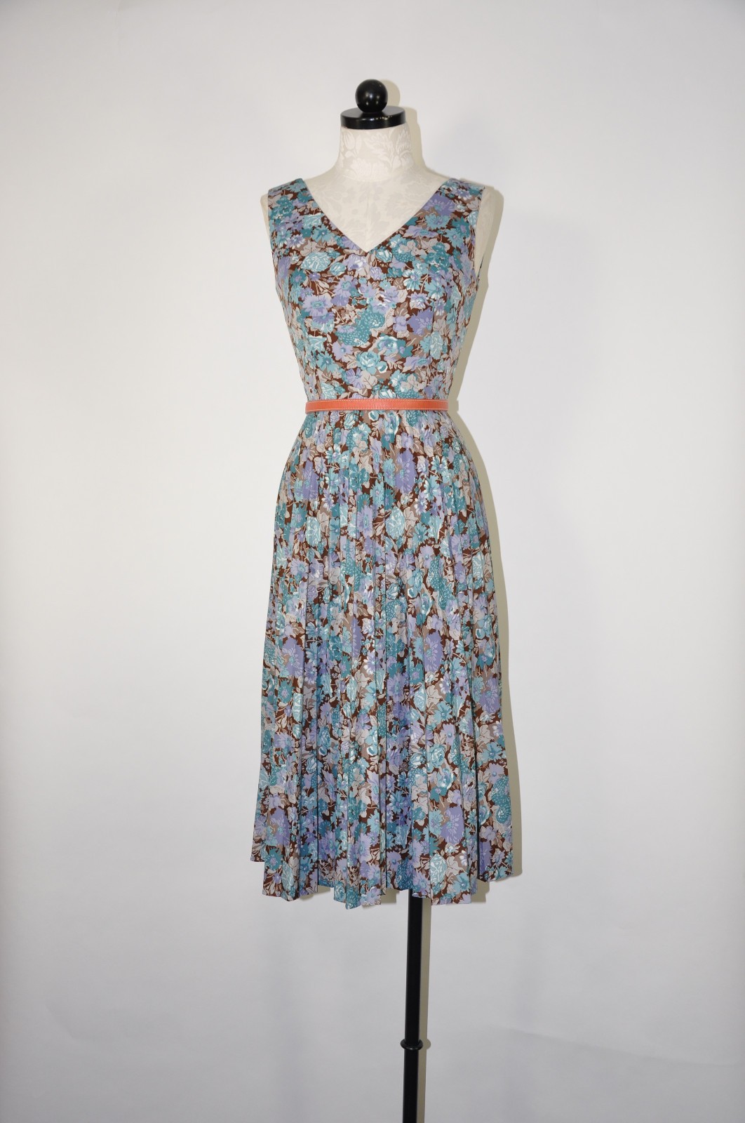 70s Vintage Teal Poly Jersey Garden Floral Print Sleeveless Pleated Tank Dress S