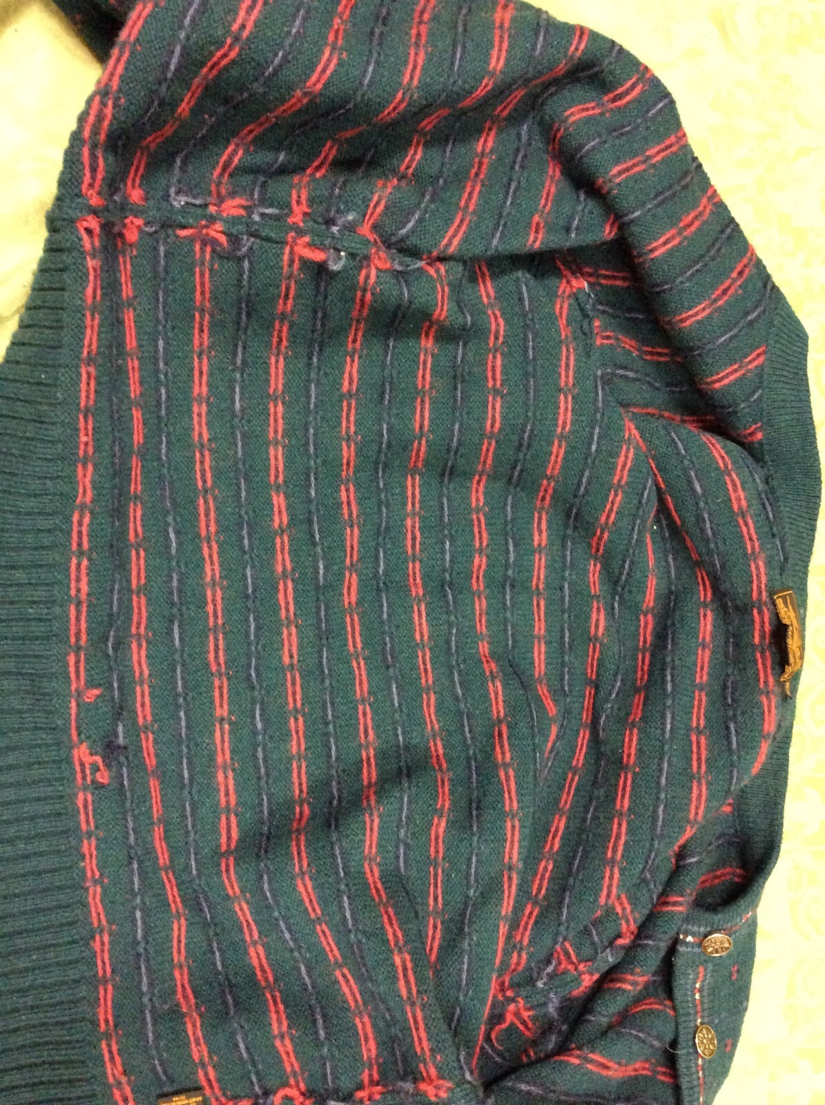 Eddie Bauer Wool Blend Cardigan Sweater M Dark Green Teal Red birdseye vintage