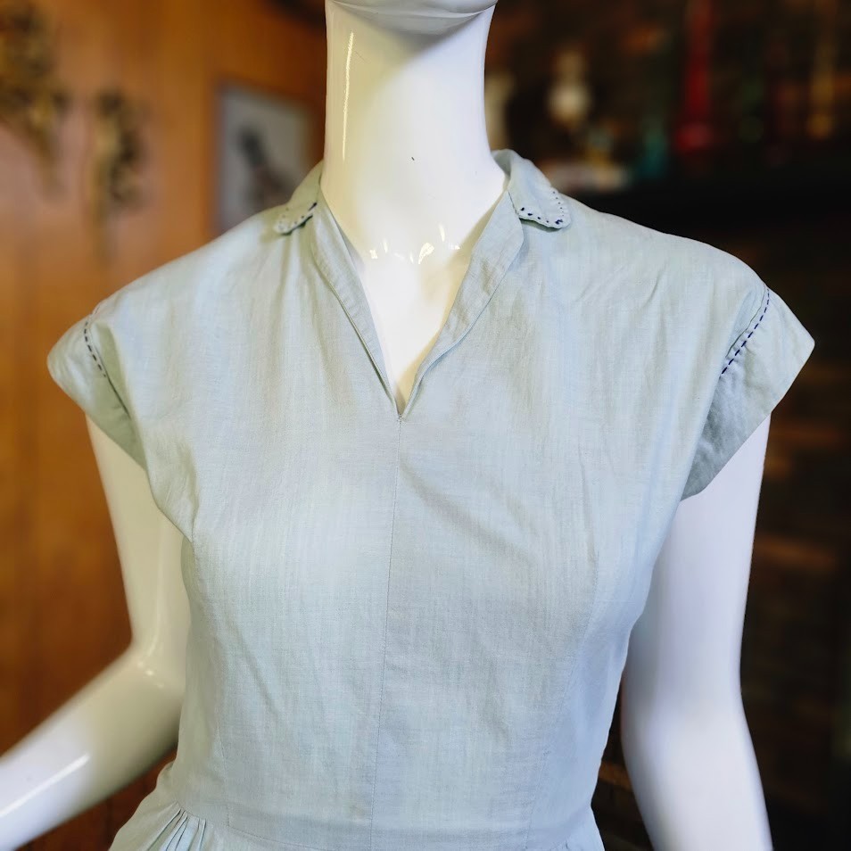 Vtg 40s 50s Novelty Pocket Chambray Full Skirt Chore House Rockabilly Dress XS/S