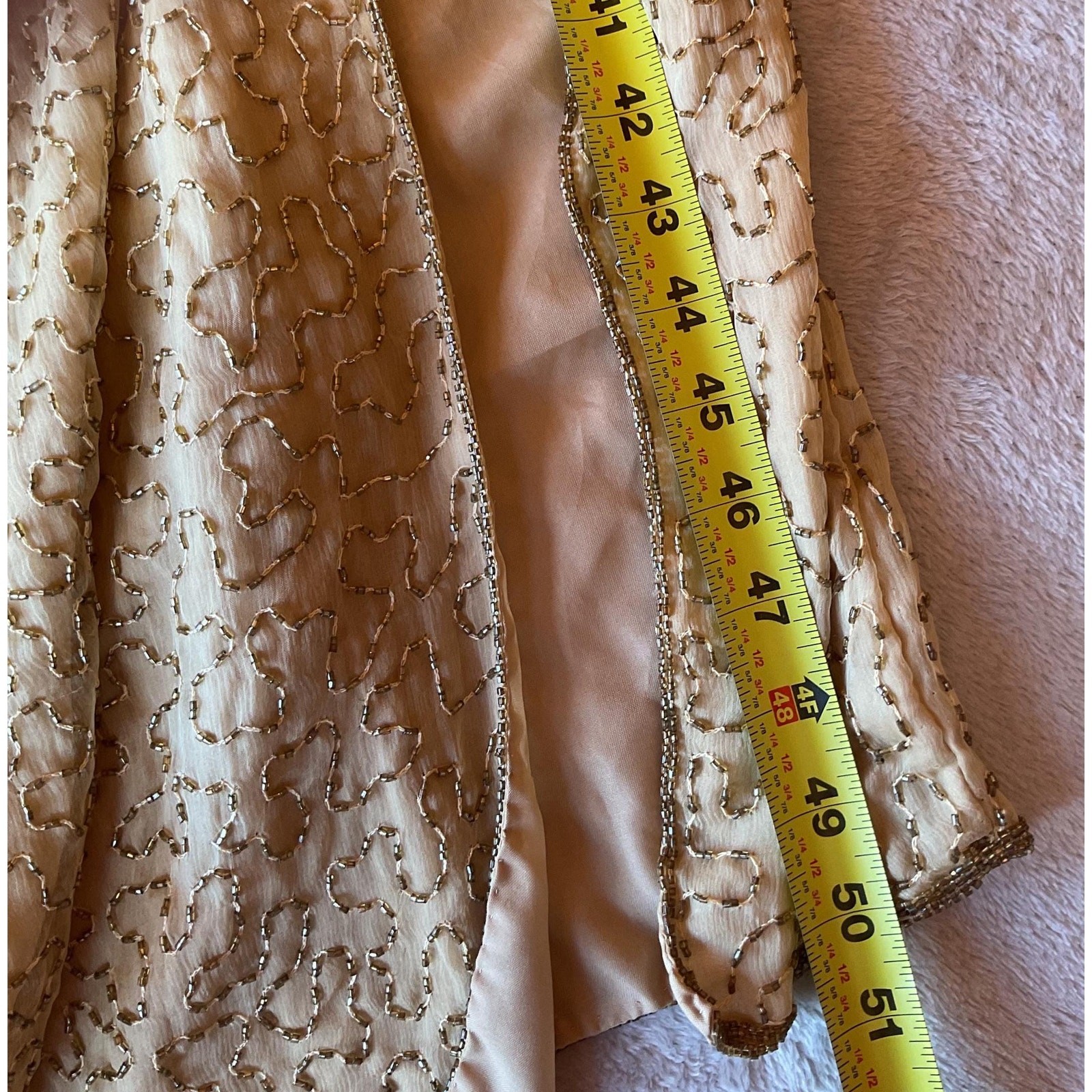 NWT Vintage 90s Gold Silk Beaded Column Gown with Front Slit, Deadstock