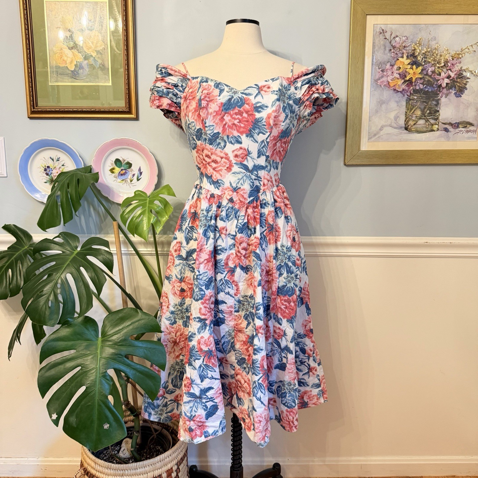 Vintage Off The Shoulder Floral Dress Size 6 Cottage Romantic Feminine 80s Tea