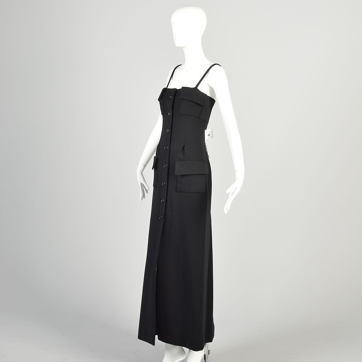 Medium 1970s Geoffrey Beene Black Maxi Heavy Knit Patch Pocket Button Layer Maxi