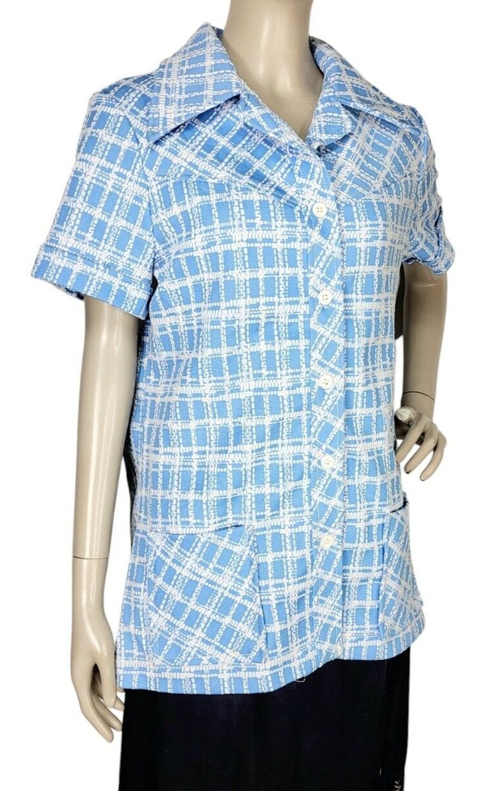 Vintage 60s MOD Blue White Plaid Button-Down Collared Smock Top Women&rsquo;s S/M/L