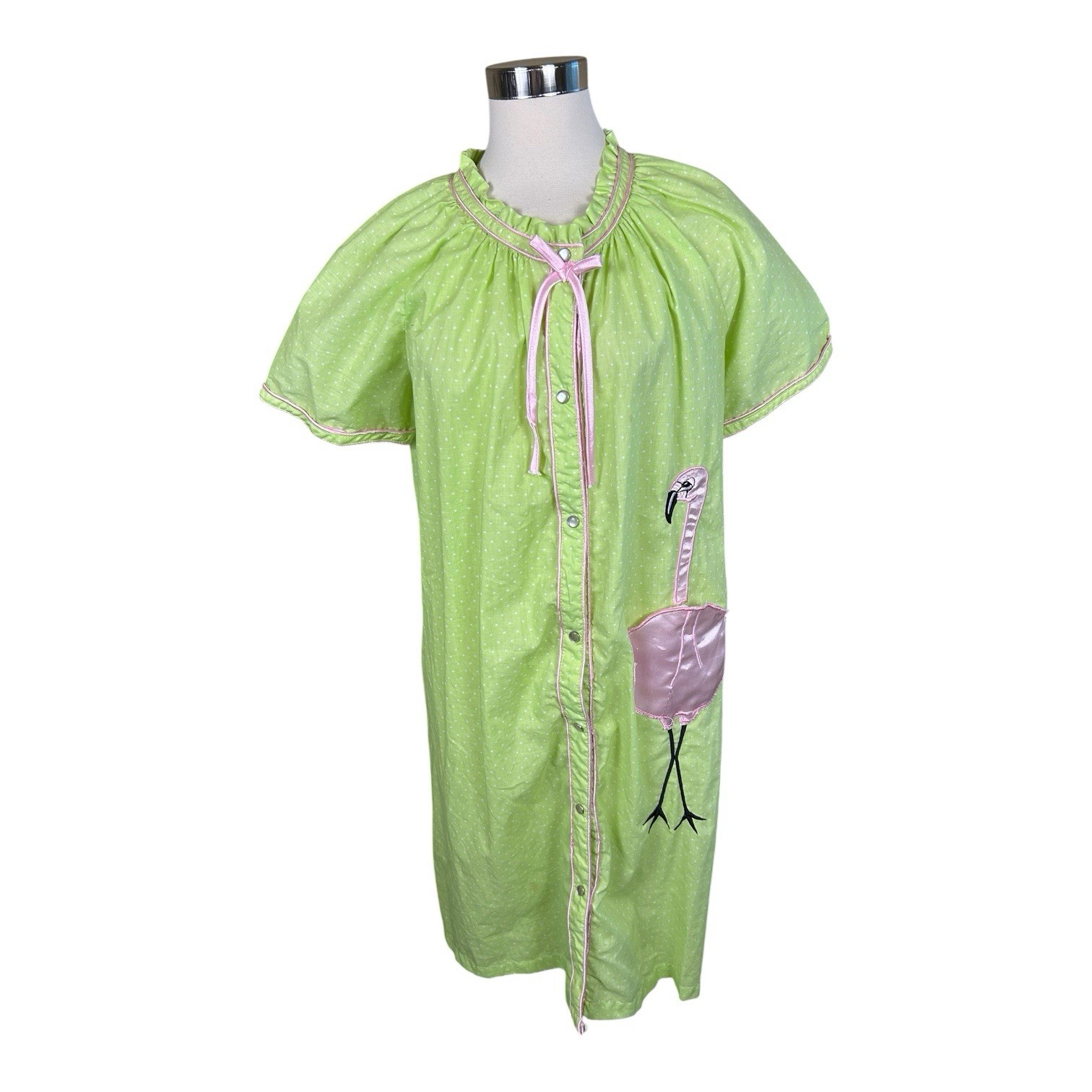 Bobbie Brooks VTG House Dress Flamingo Florida Green Polka Dots Snap Buttons M