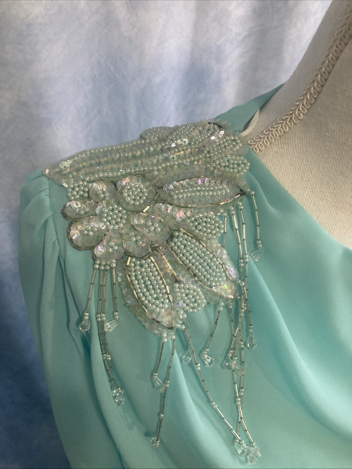 VTG 80s Abby Kent Aqua Mint Beaded Draped Cocktail Dress Ruched Fit Modern Small