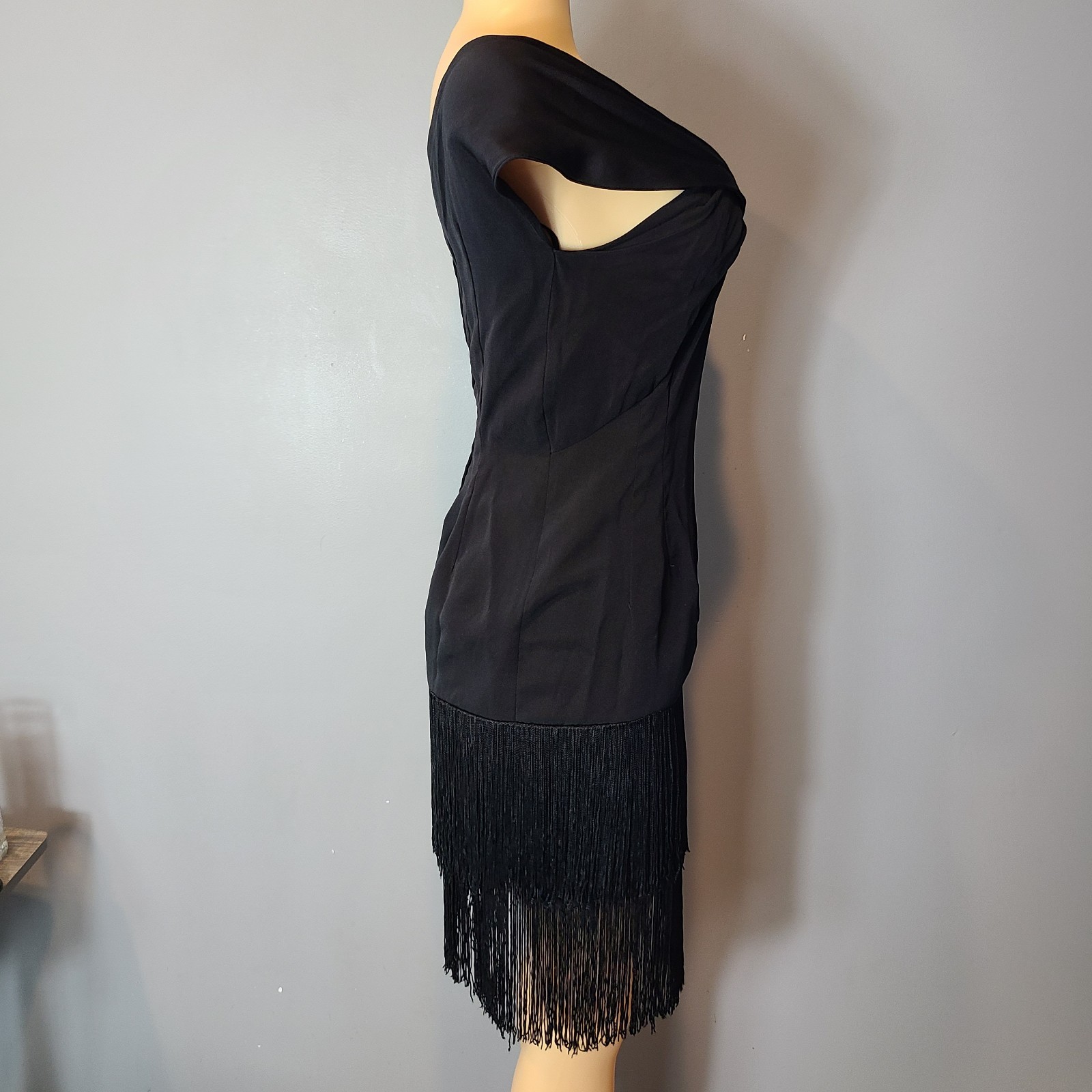Vtg Black Sequin Flapper Dress Art Deco Gatsby Fringe Cocktail Party Sz Small