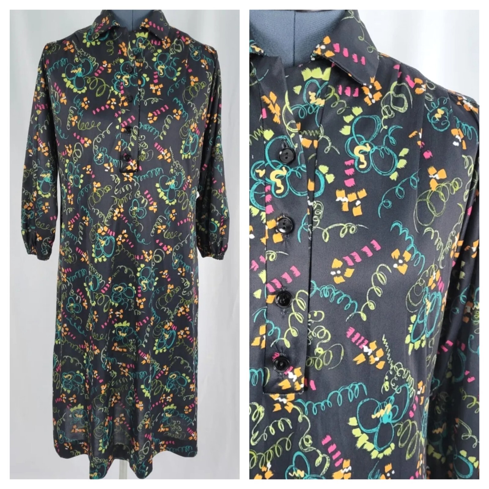Vtg Black Dress w Pink/Yellow/Lime/Teal/Orange Abstract Design 36&Prime; Bust Size SM?