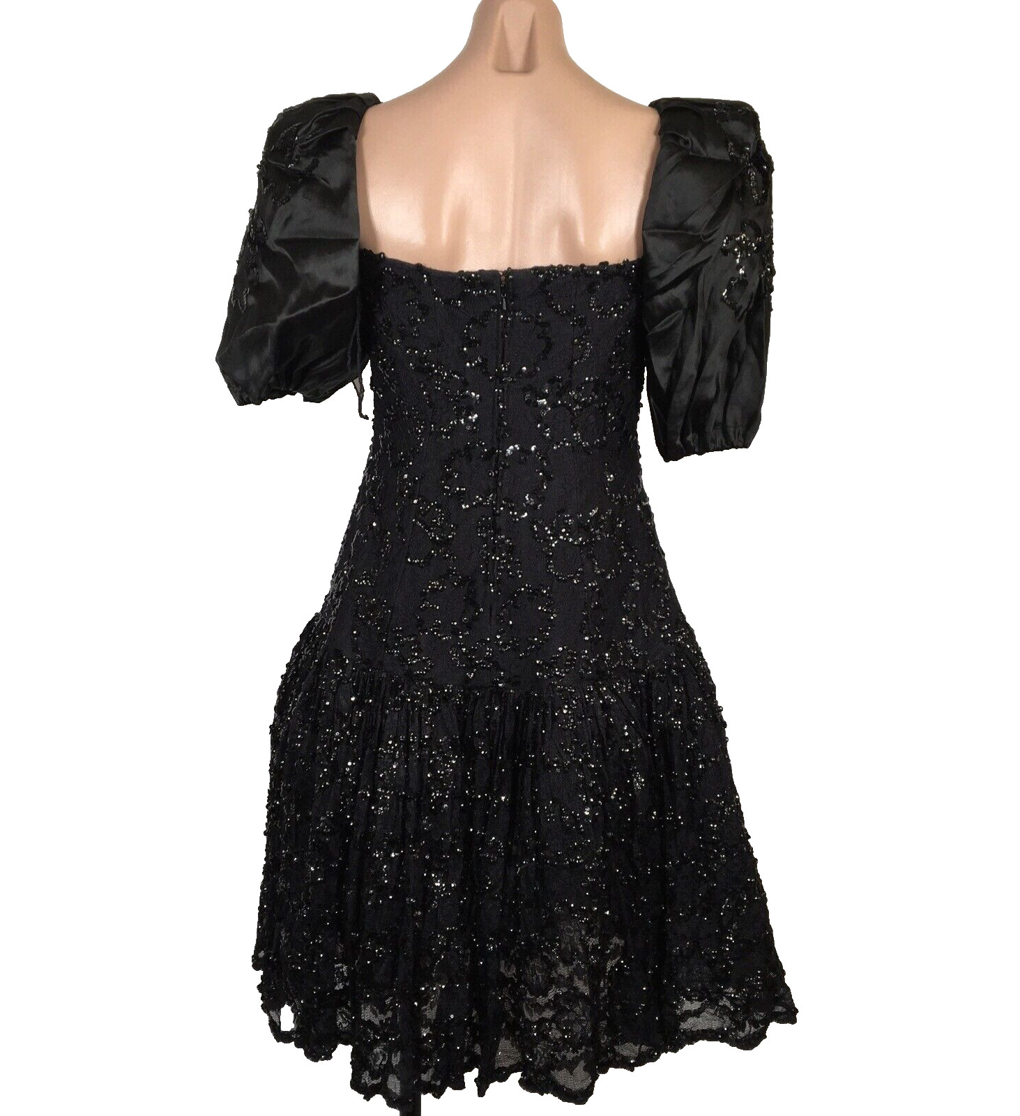 Black Frank Usher Puffy Sleeve Party Prom Evening Dress VTG 80s Sequin US-12