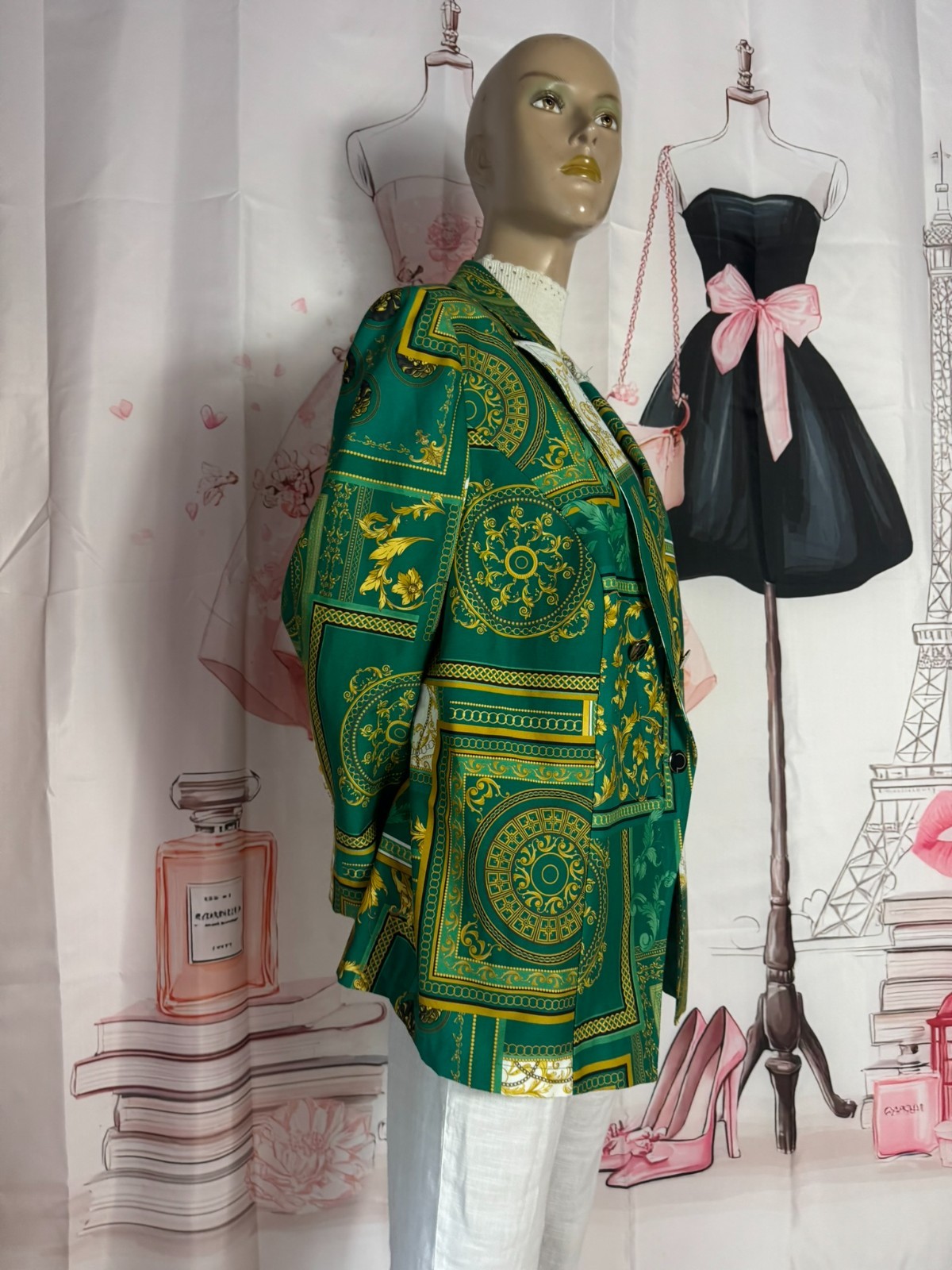 Luxury Blazer Cotton Silk Emerald Green Gold Baroque Size 44 46✨