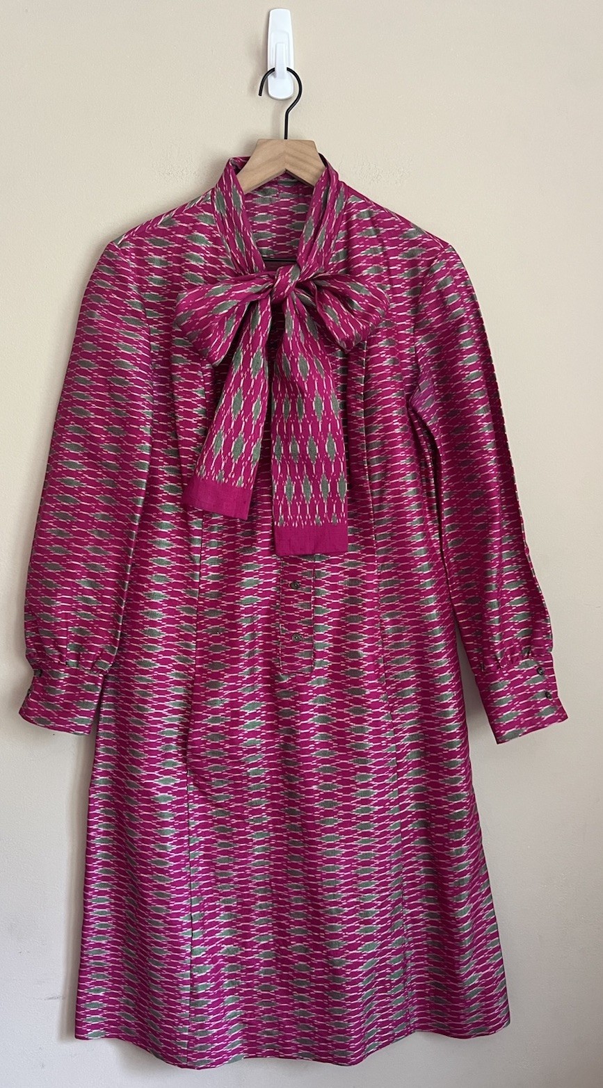 Shirt Dress Vintage Handmade India Fabric Pink Print Bow Womens Size Medium