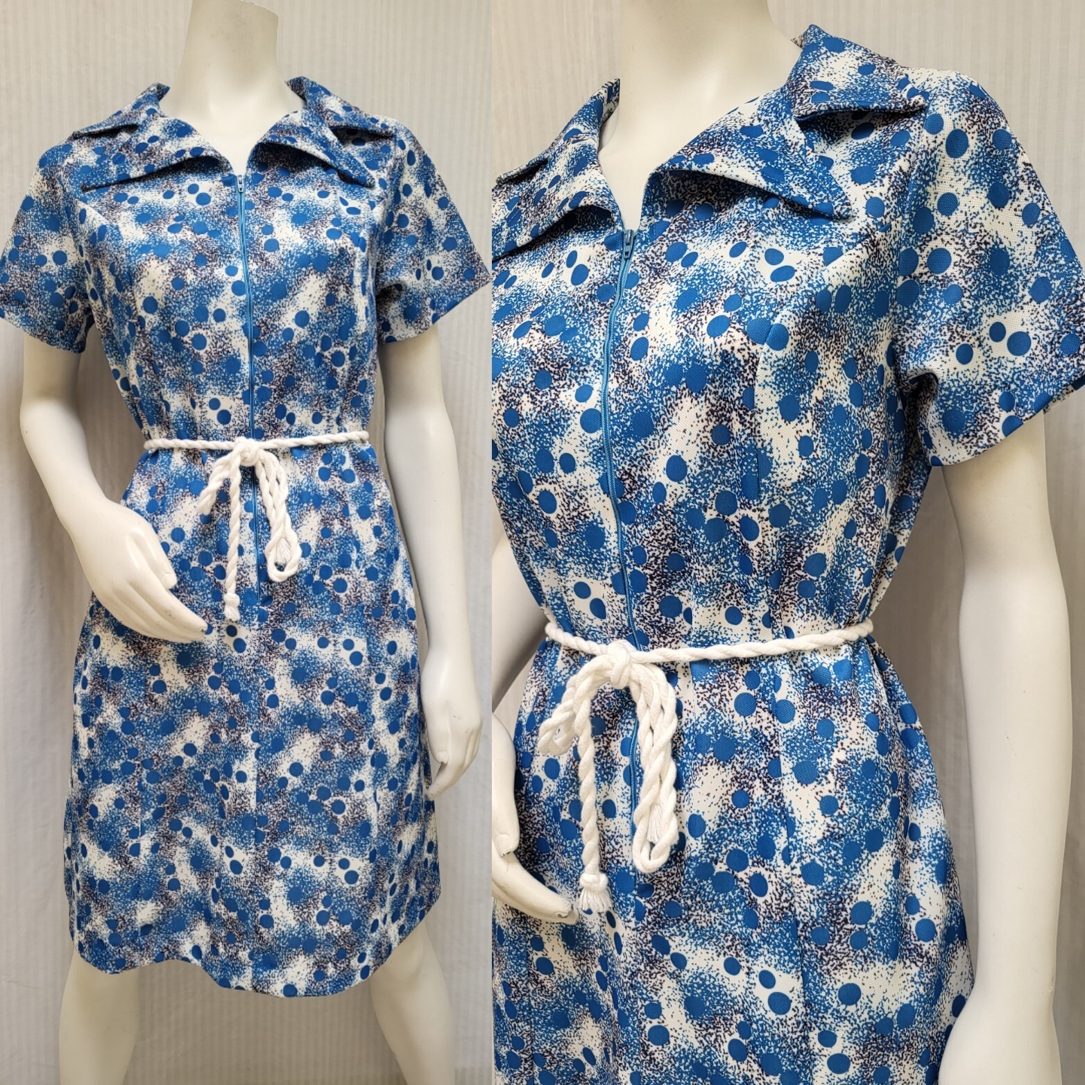 Vintage 1960&rsquo;s Blue Dot Double Knit Zip Front Dress w/ Tie Belt – Size M – EUC