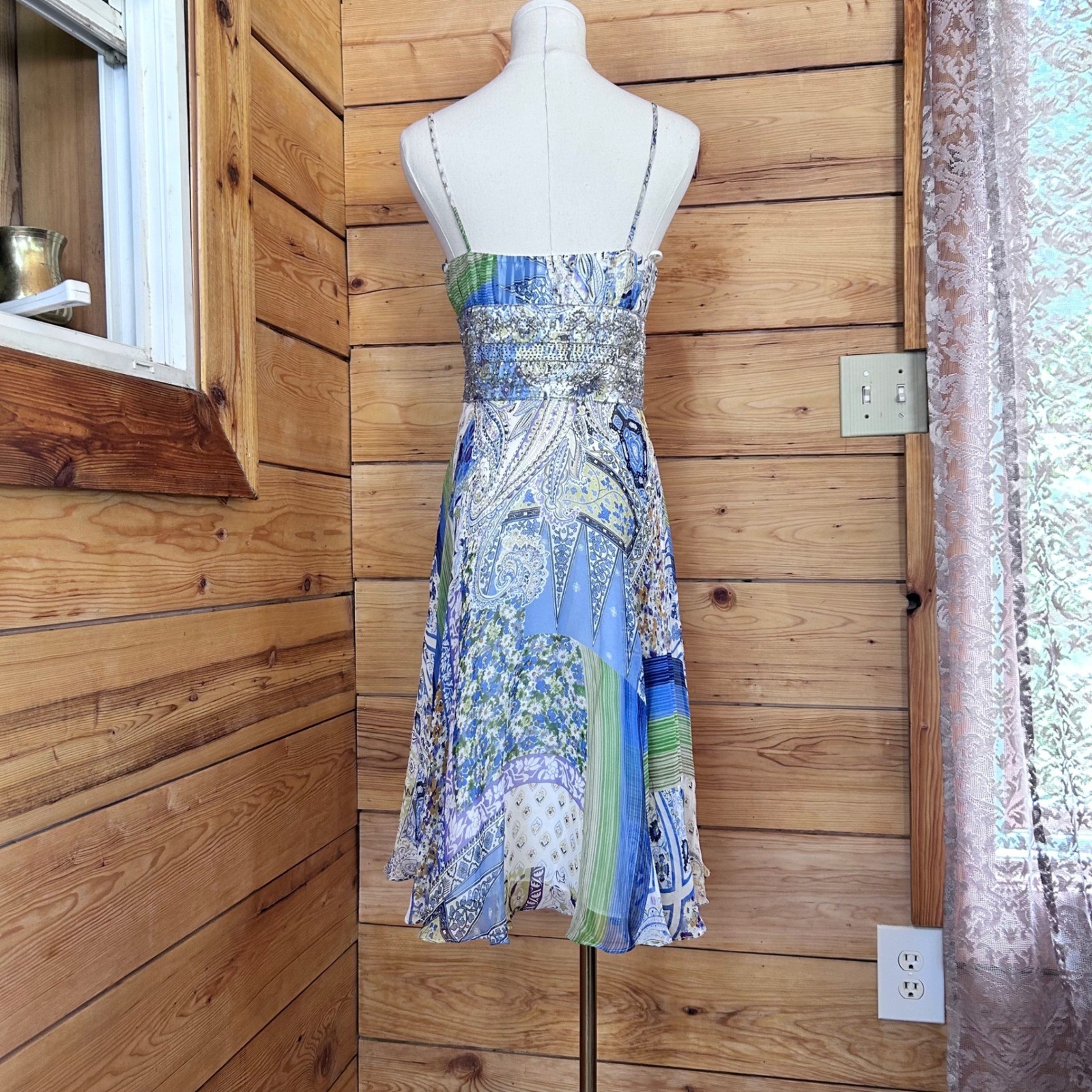 Vintage 100% Silk Paisley Patchwork Dress Size 4 Blue Handkerchief JS Collection