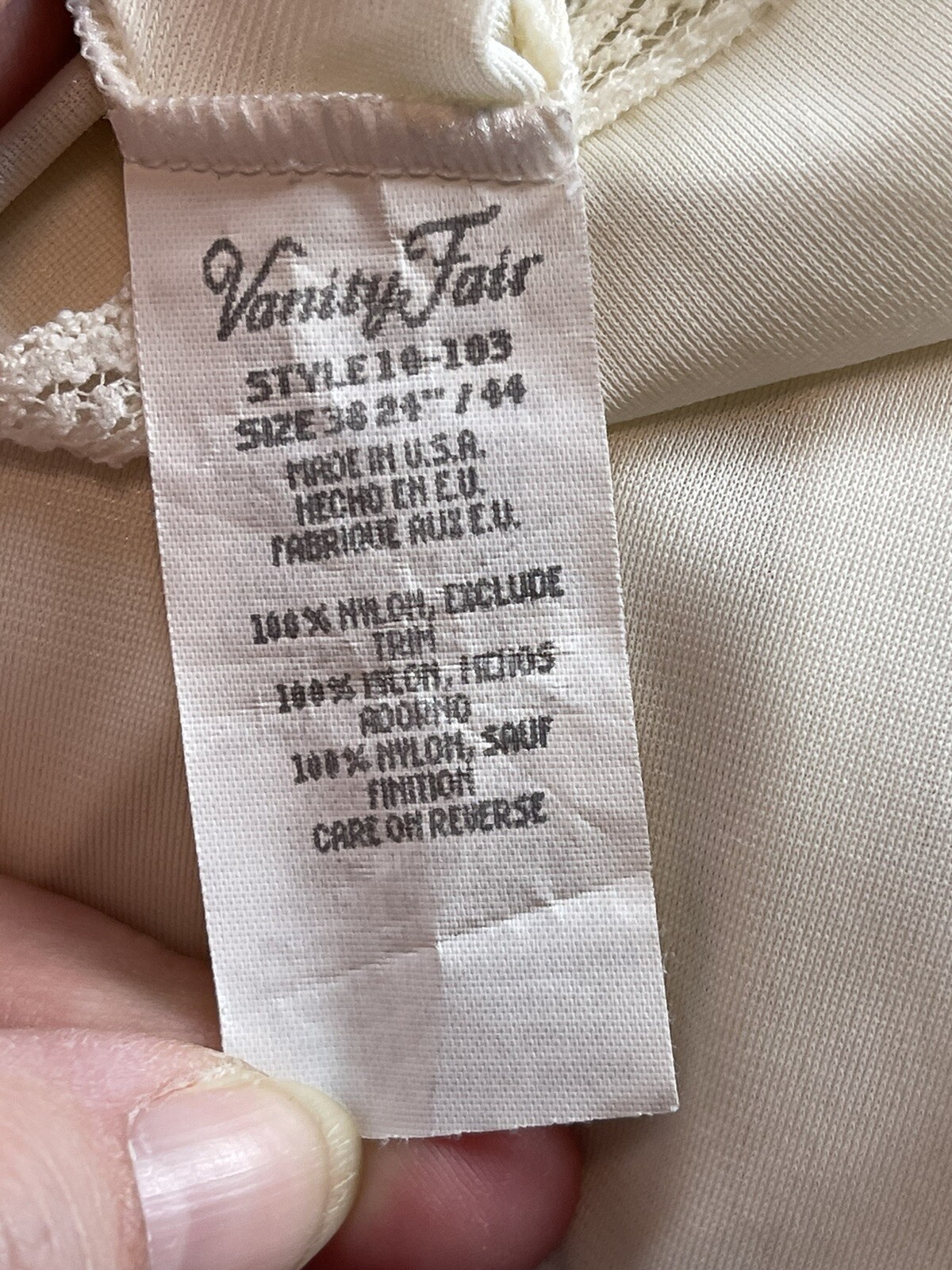 Vanity Fair Ivory Nylon Full-Length Slip Style 10-103 Size 38 24&Prime;/44 Lace Trim