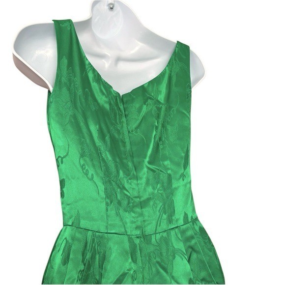 Vtg 50’sUnion Made Mardi Gras emerald green brocade cocktail dress bow detail XS