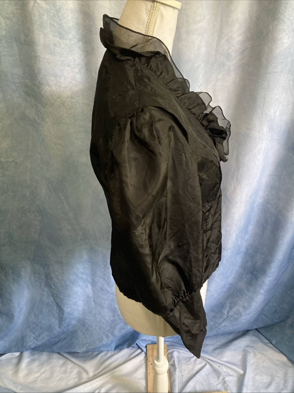Vtg 80s Debut Goth Victorian Ruffle Jacket Blouse Acetate Balloon Sleeve Black