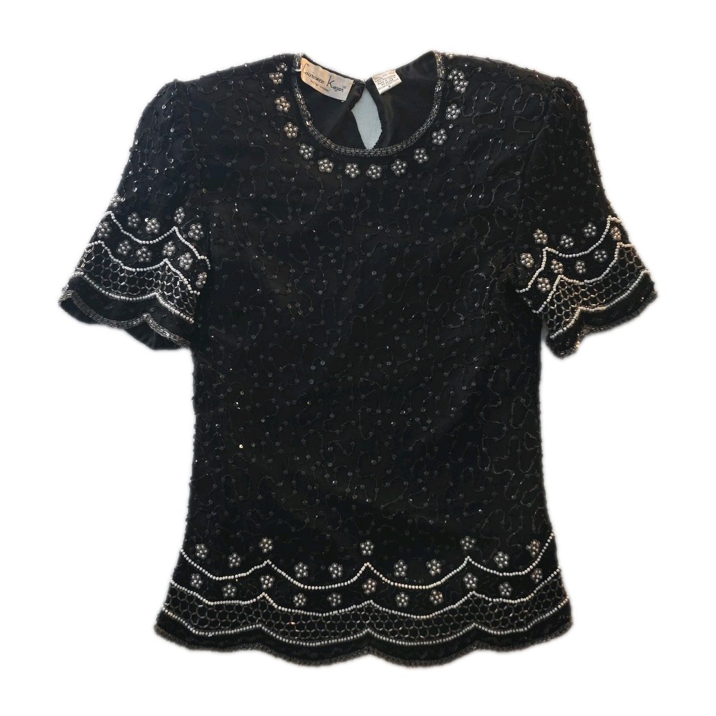 Vintage Black & White Sequin Lawrence Kazar 100% Silk Blouse – Size S