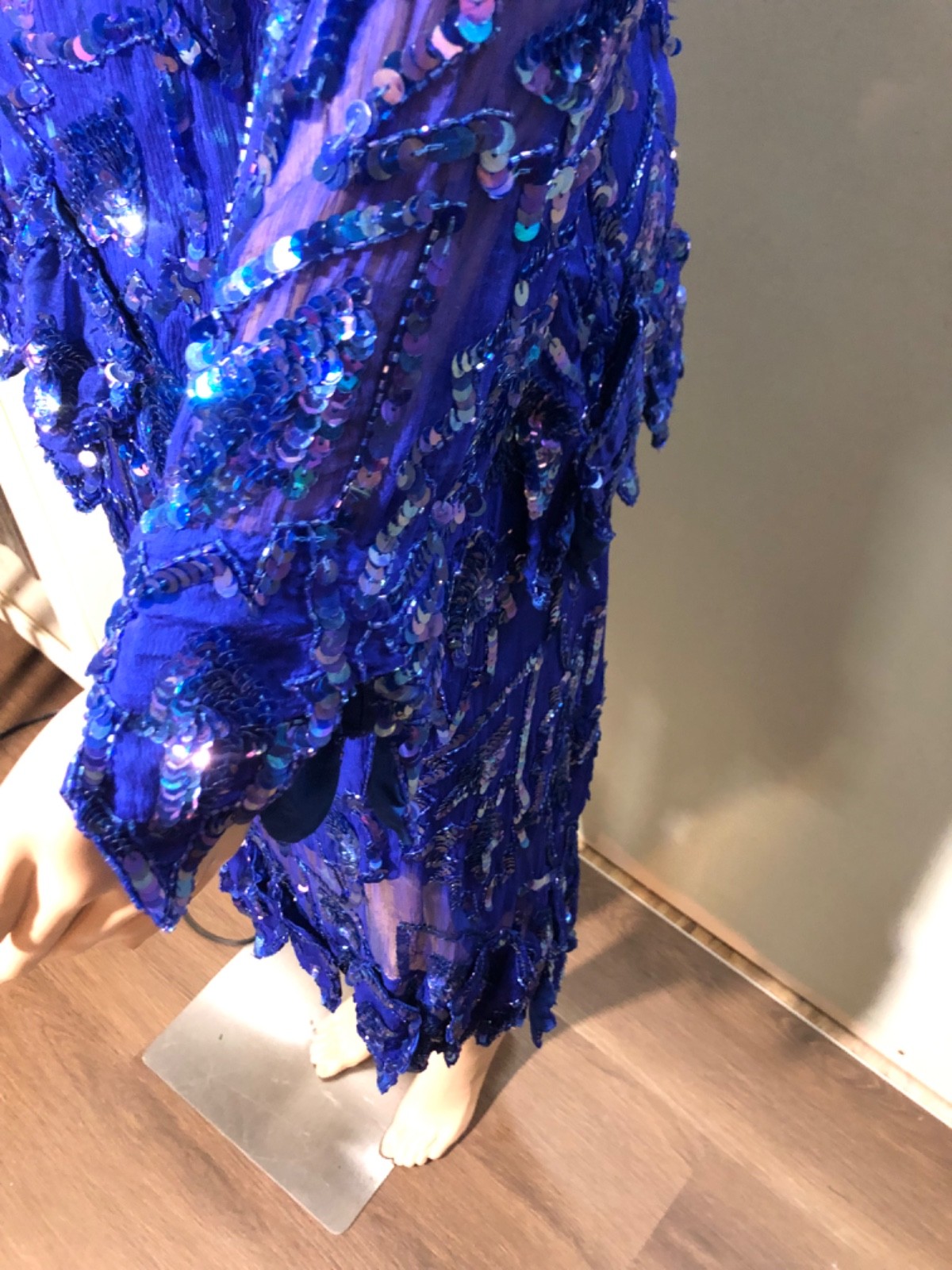 Vintage 80s Swee Lo Blue Sequin Beaded 2 Piece Top Skirt Set 100% Silk Sz M