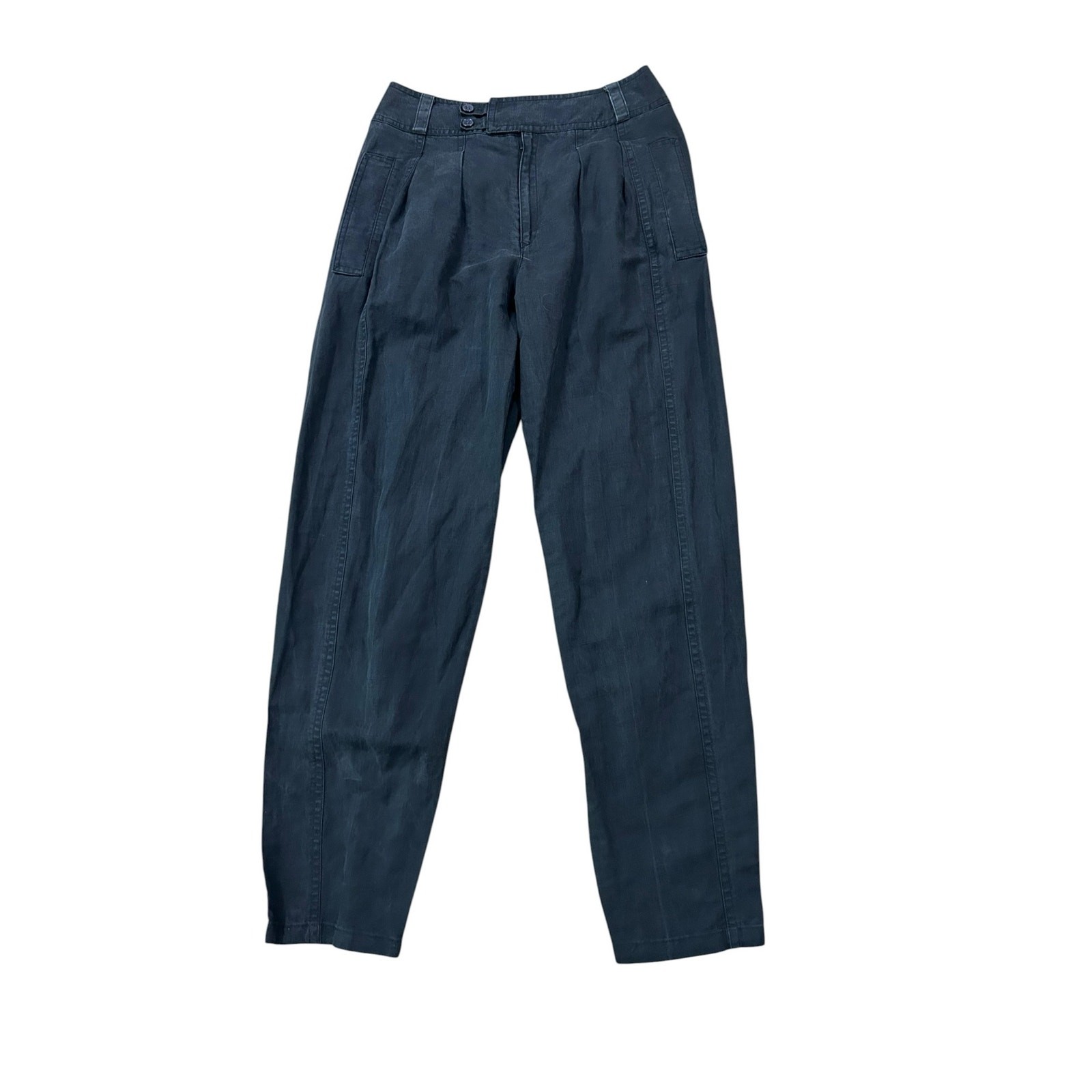 90s Black Linen Cotton Tapered Trousers High Rise Minimalist small ^