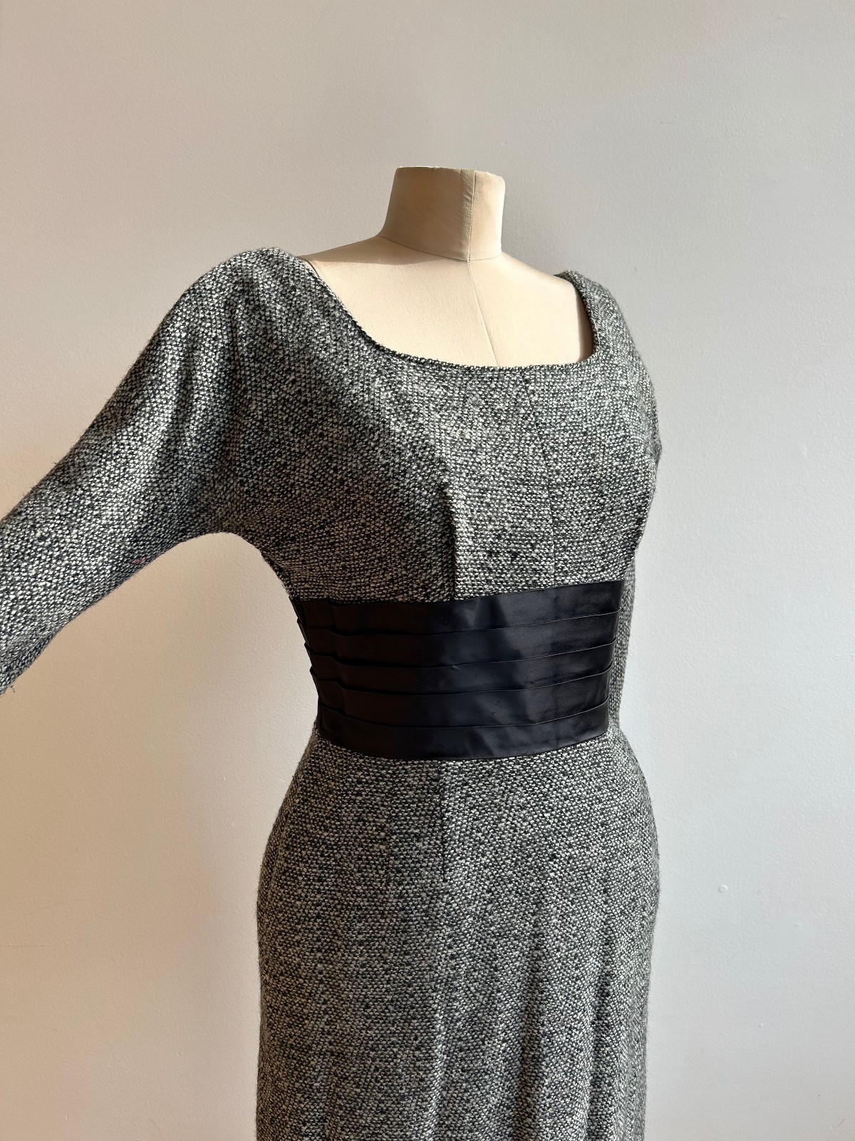 1950s Phyllis De Trano for Georgette Snowstorm Tweed Wiggle Dress Joan Mad Men