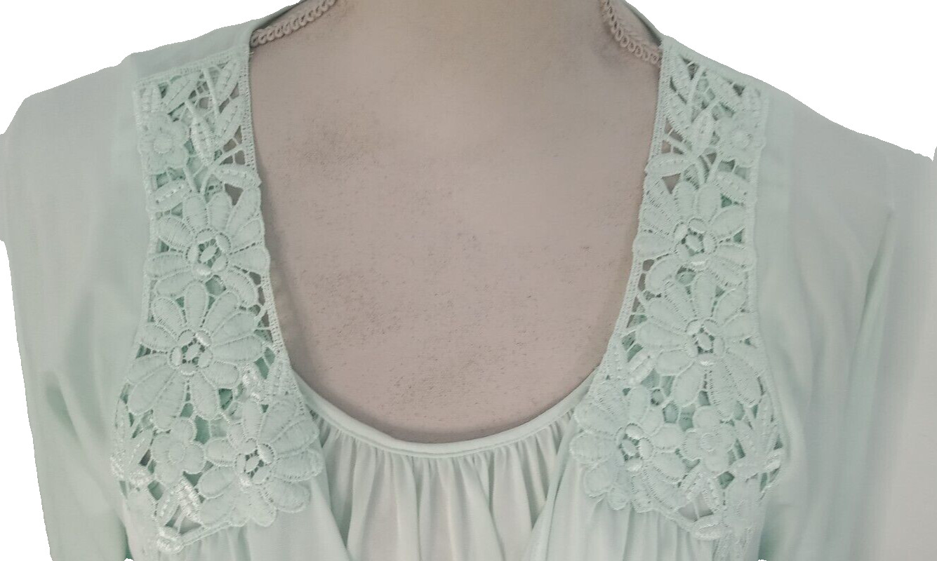 Vintage Shadowline Peignoir Set Nightgown & Robe M/L Long Green Lace Hollywood