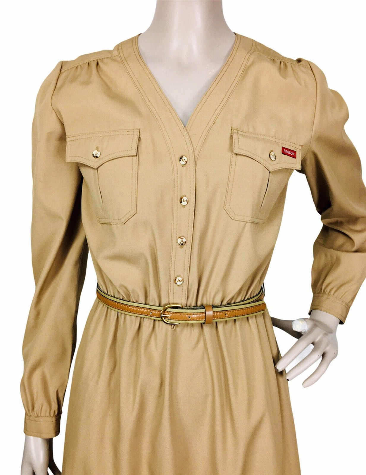 VTG 70&rsquo;s SASSON Tan Belted Button-Front Rockabilly Western Cowgirl Dress S/M