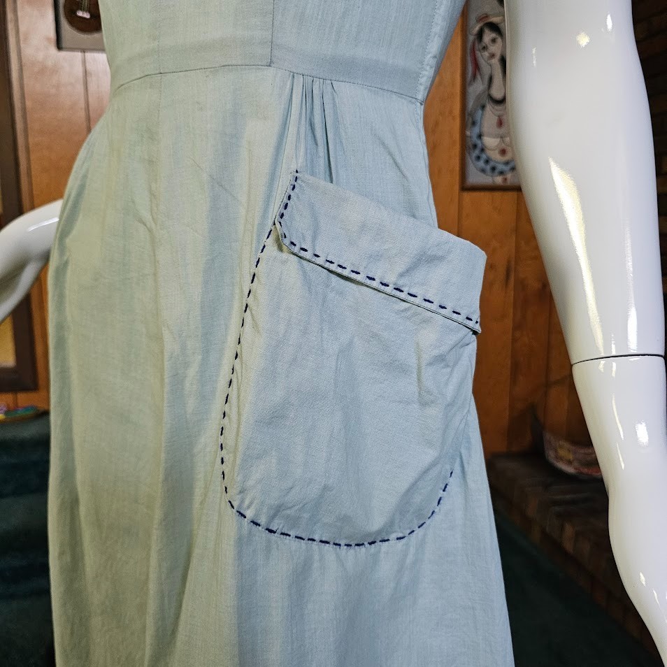 Vtg 40s 50s Novelty Pocket Chambray Full Skirt Chore House Rockabilly Dress XS/S