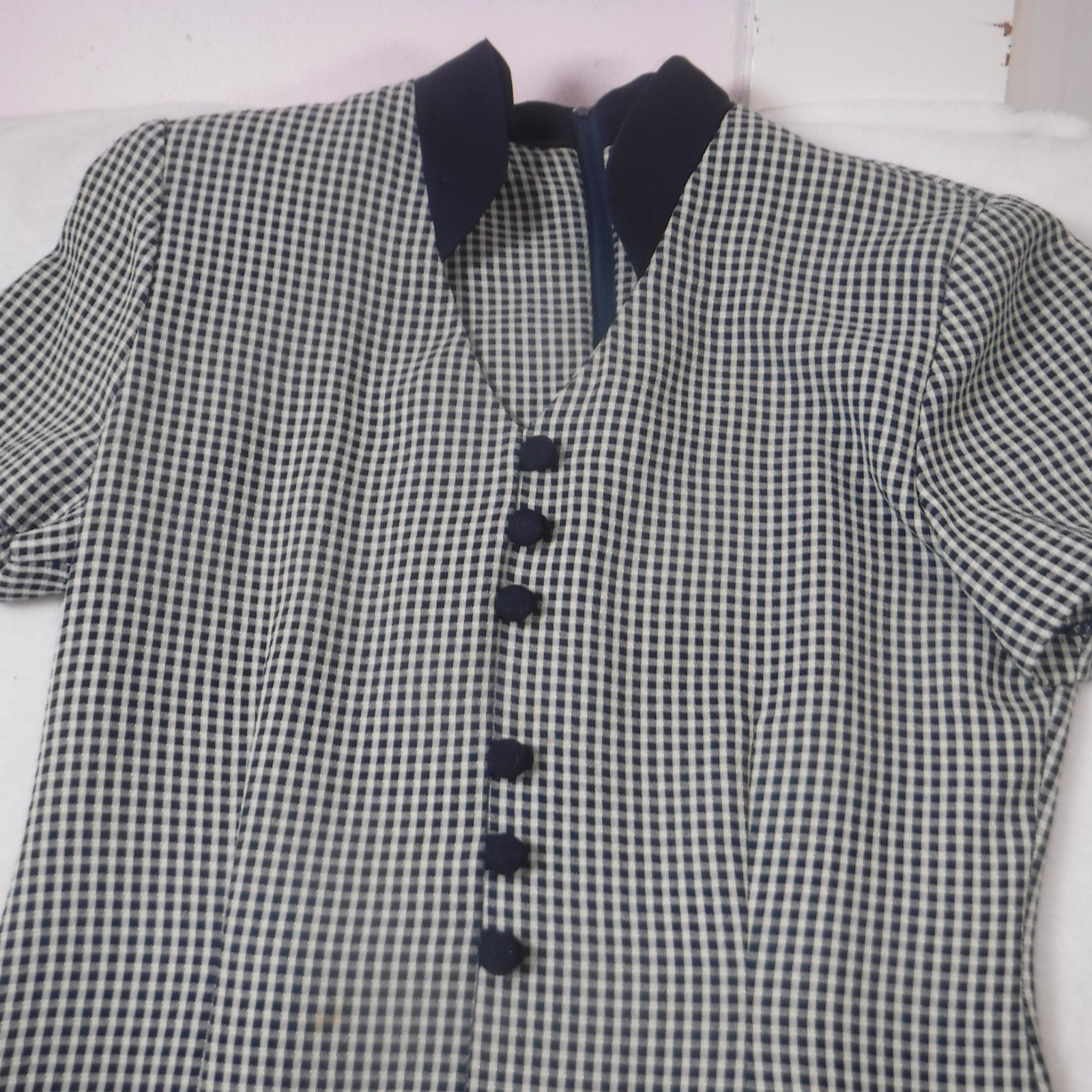 Scarlett Vintage Gingham Check Maxi Dress Navy Blue White Mandarin Collar 3/4