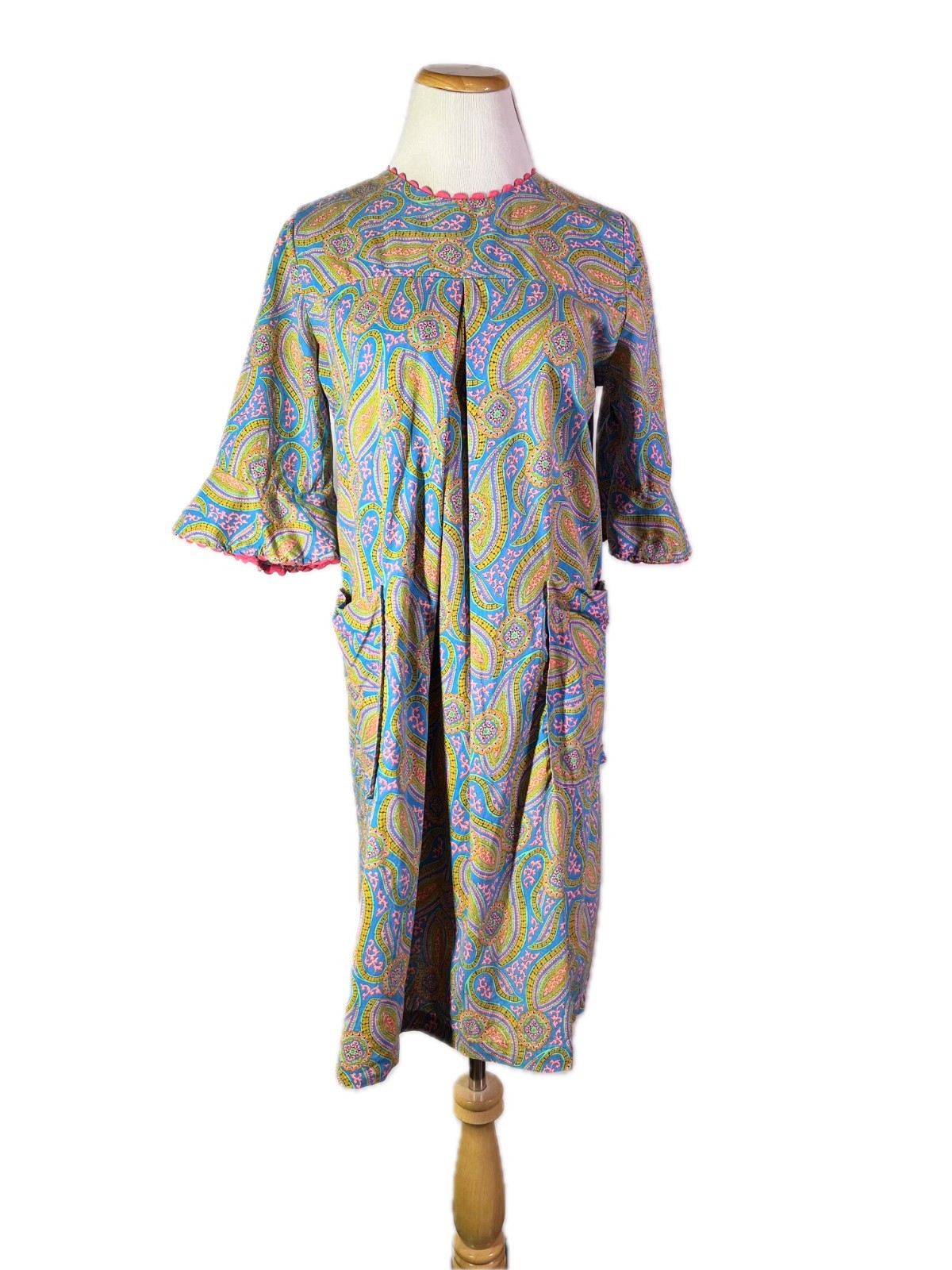 Vintage 1970s Homemade Housedress Zip Back Paisley Pockets Ric Rac Trim