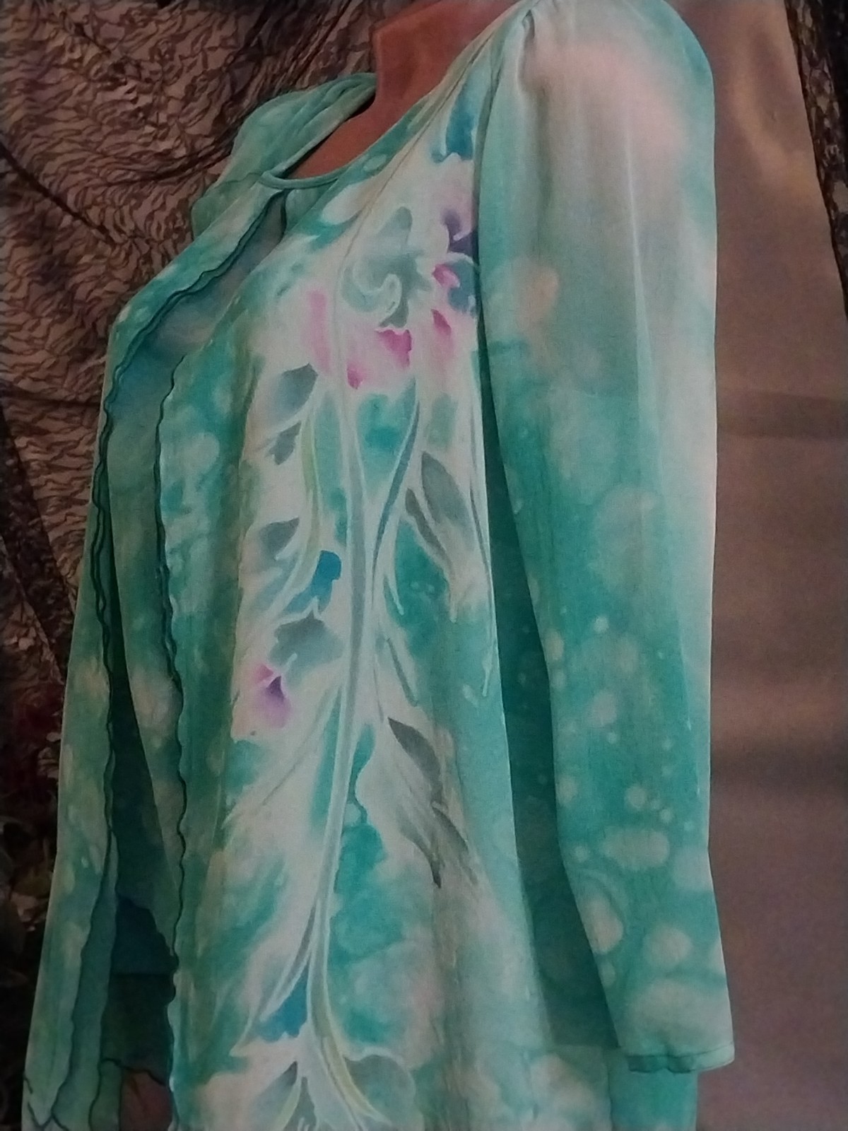 VTG SILK YOLANDA LORENTE HAND PAINTED FLORAL seafoam LAYERS SKIRT BLOUSE L 44
