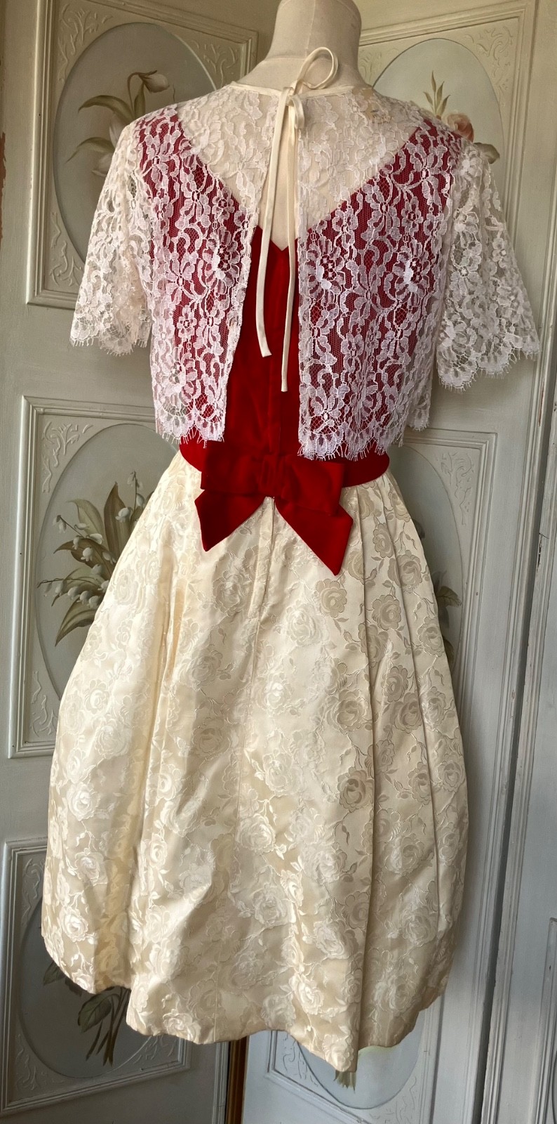 NWOT NEW VTG 50s PARTY DRESS SLVLSS RED VELVET CREAM JACQUARD+LACE SHRUG 13/14
